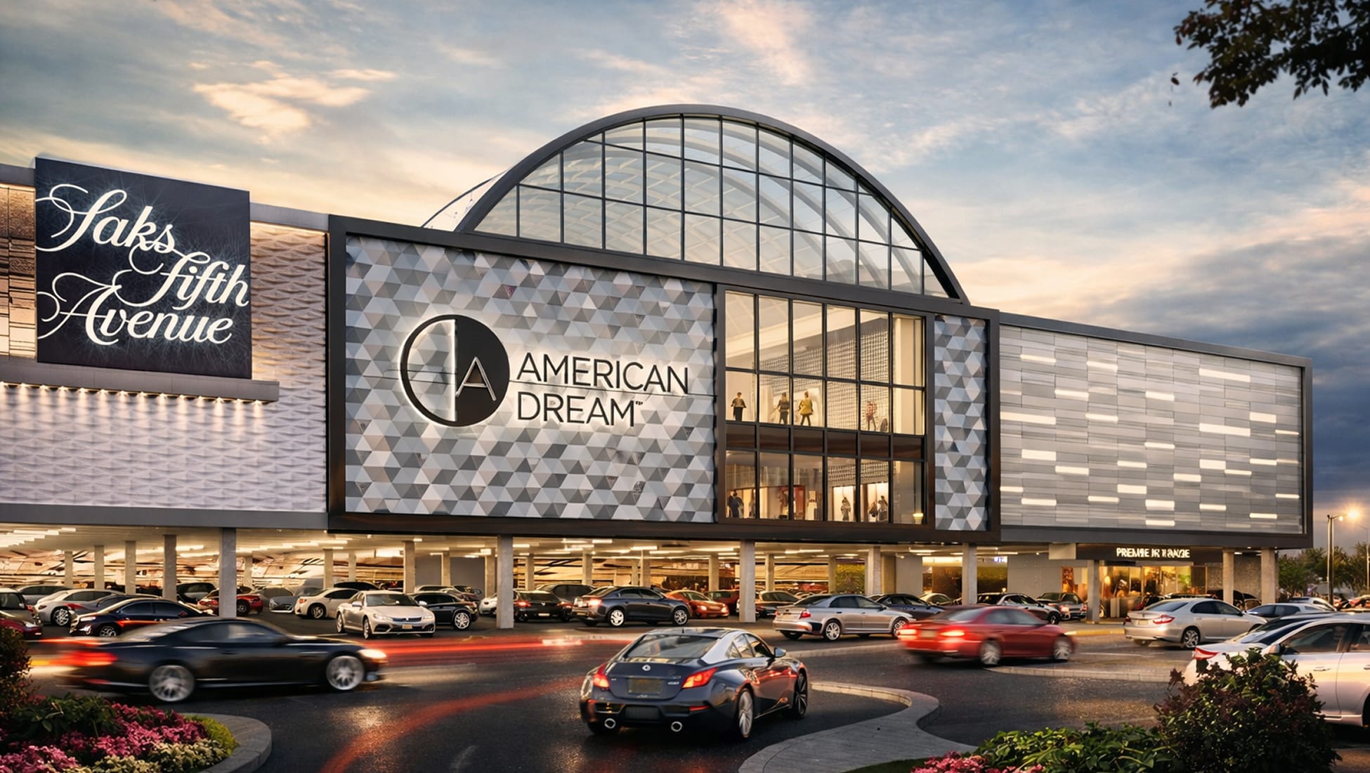 Dusk architectural rendering of the American Dream mall in East Rutherford, New Jersey, featuring large-scale exterior building identification signage with the American Dream logo on a geometric faceted facade, alongside Saks Fifth Avenue tenant signage and an illuminated arched glass entrance — showcasing RSM Design's master sign program, environmental graphic design, and branded environments for a large-scale mixed-use retail and entertainment destination.