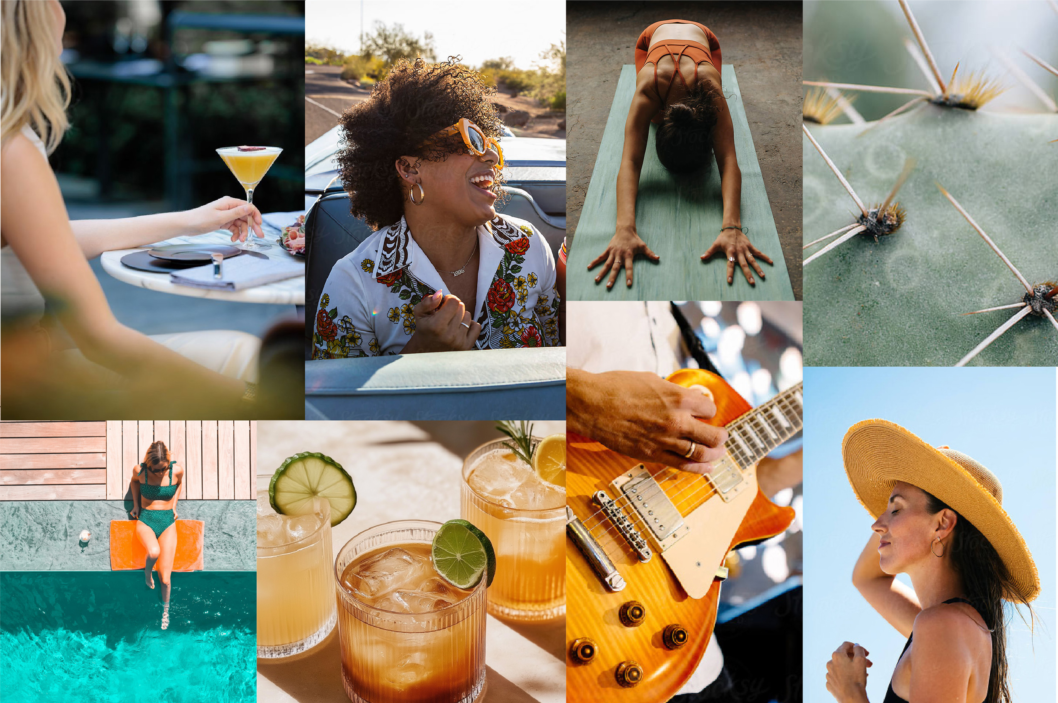 Lifestyle mood board for Uptown Tucson, showing poolside cocktails, yoga, a woman laughing in a convertible, guitar detail, cactus close-up, and sun hat portrait