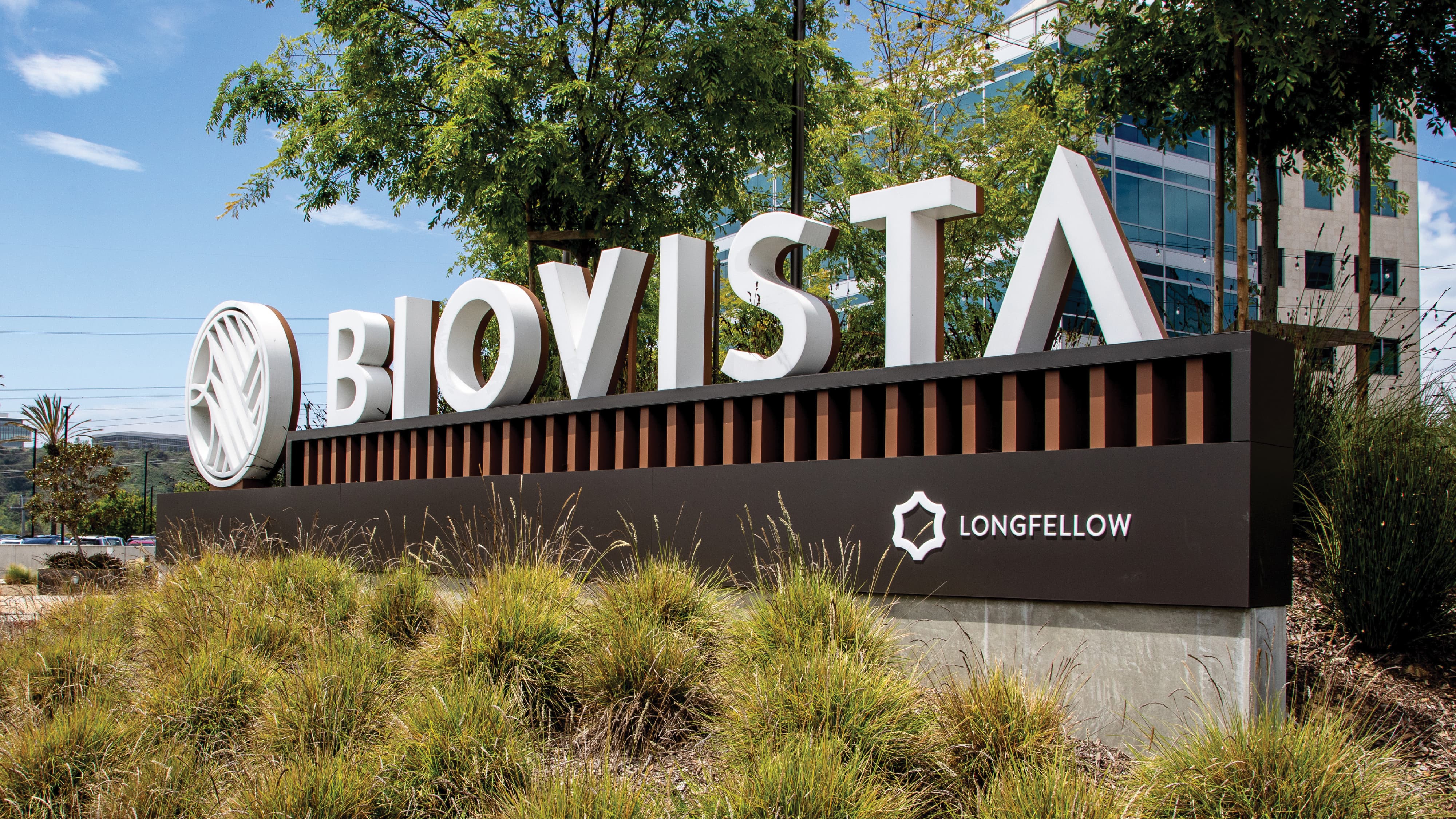 White 'Biovista' logo and wordmark overlaid on a photo of an outdoor lounge with a stone fireplace and wood furniture, framed by rows of sculptural trees.