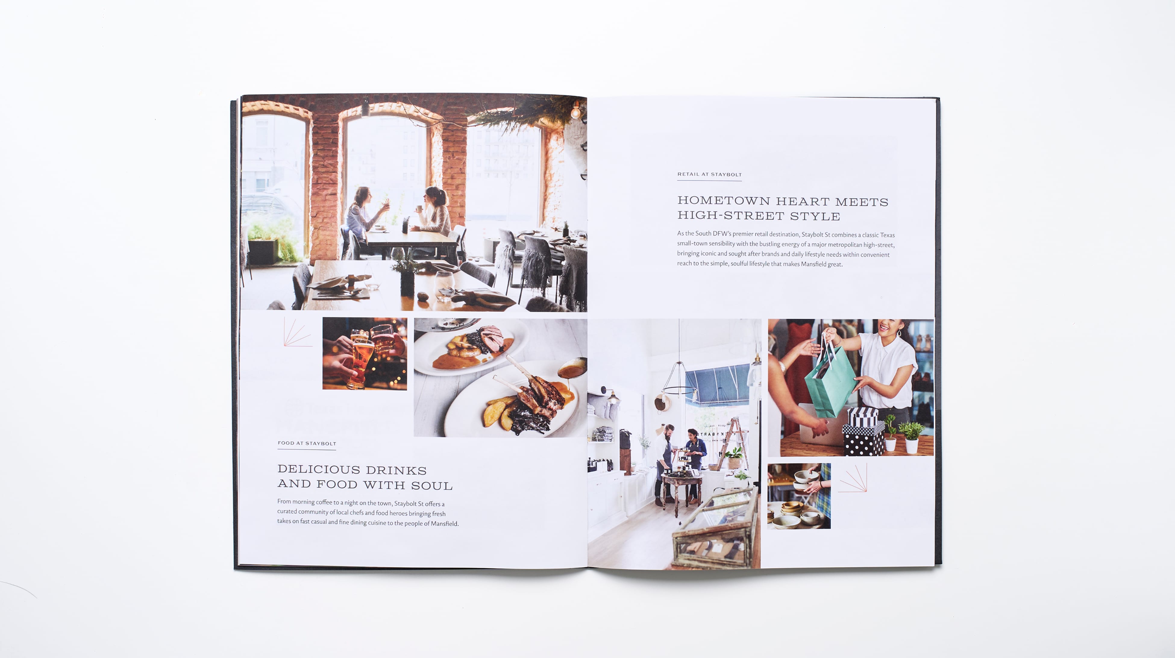 Open leasing brochure spread with a brick-arched restaurant interior photo and a grid of retail and dining lifestyle photography including a shop scene and food plating, layered with the headline Hometown Heart Meets High-Street Style, Staybolt Street, Mansfield, Texas, brand identity and leasing collateral design by RSM Design