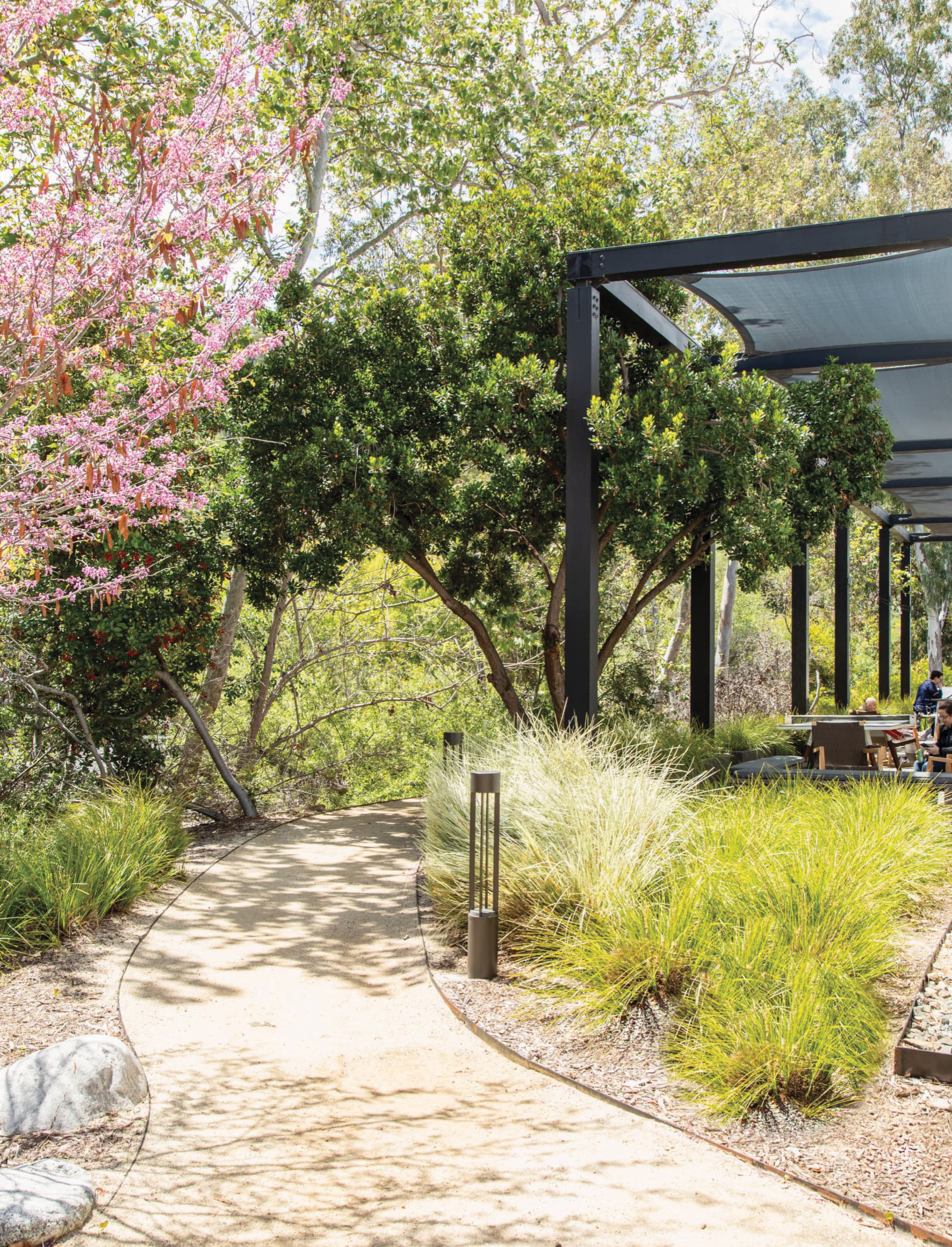 Landscaped pedestrian pathway and outdoor gathering space at Creekside Labs innovation campus, illustrating placemaking, environmental graphic design, and integrated workplace environments within a corporate and life sciences research campus.