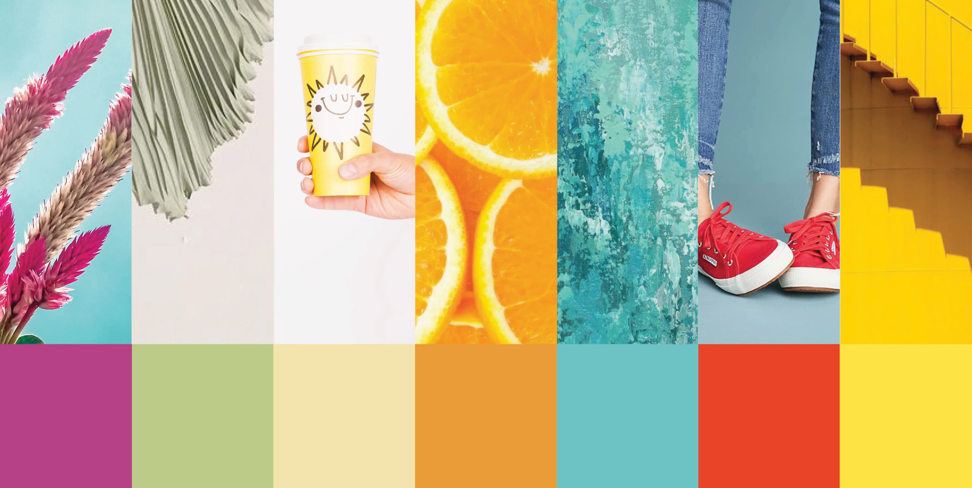 A seven-panel brand mood board pairing lifestyle photography with corresponding color swatches — featuring magenta pampas grass, sage pleated fabric, a yellow illustrated coffee cup, sliced oranges, teal textured concrete, red sneakers against a blue-gray wall, and yellow stairs — illustrating RSM Design's branding and visual identity process for developing expressive, people-centered color palettes across residential community and mixed-use markets