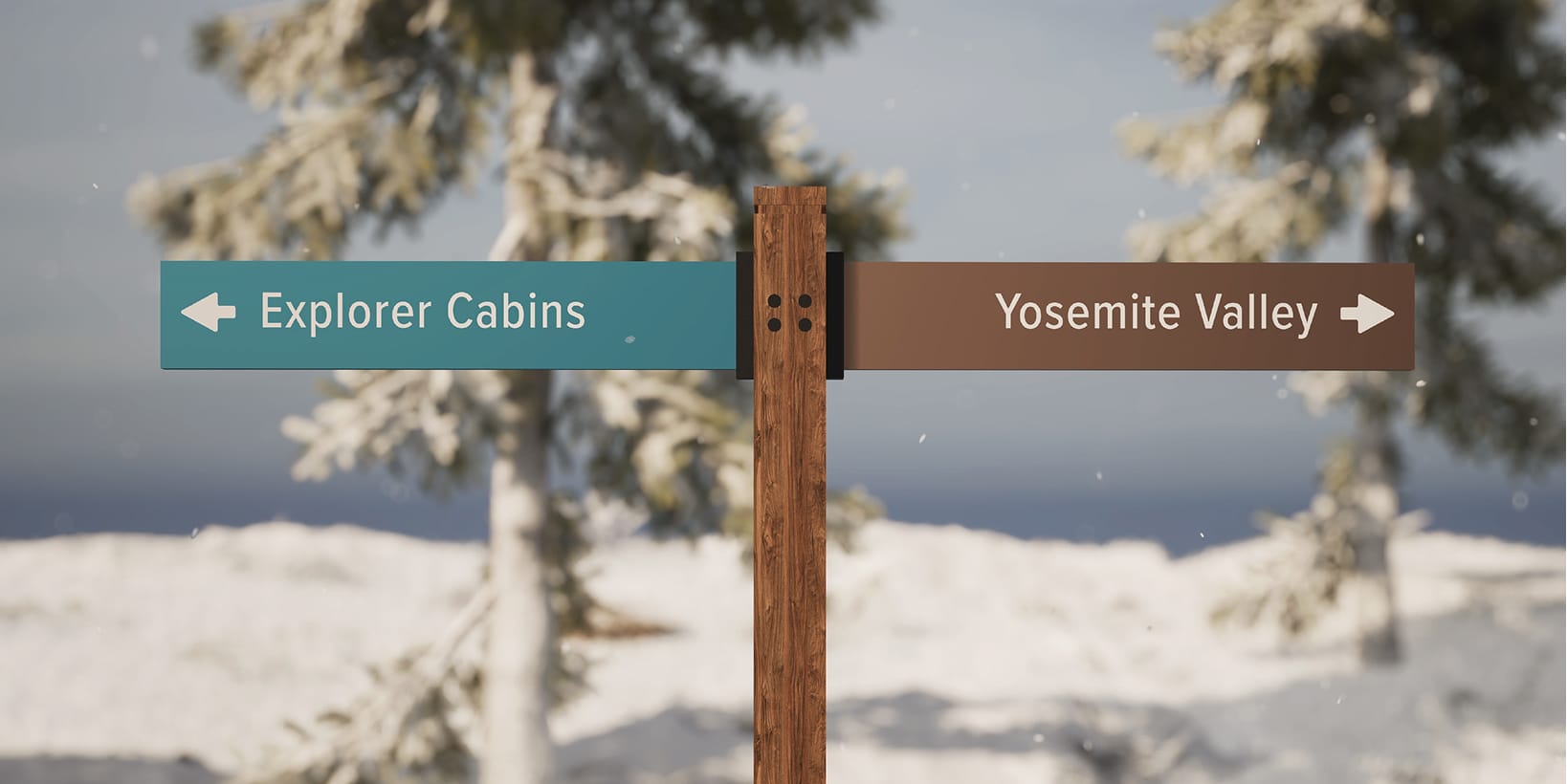 Tenaya at Yosemite directional wayfinding signs pointing toward Explorer Cabins and Yosemite Valley, rendered in a snowy winter landscape with snow-covered pine trees
