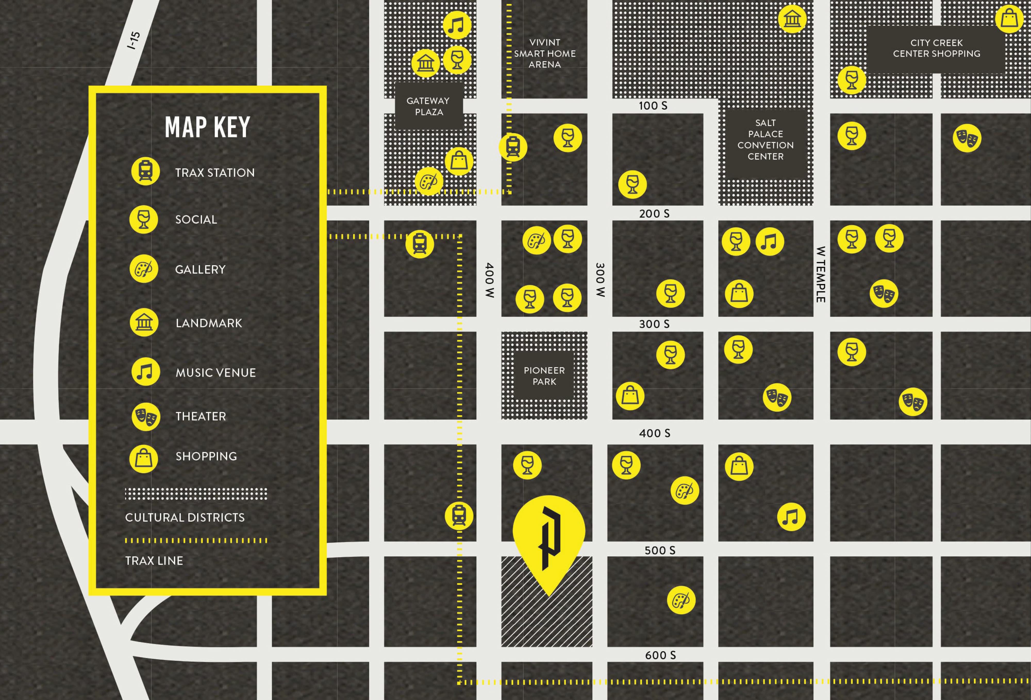Illustrated neighborhood wayfinding map for Post District in Salt Lake City, Utah, marking nearby landmarks, transit, and amenities including Vivint Smart Home Arena, Salt Palace Convention Center, City Creek Center Shopping, Gateway Plaza, and Pioneer Park — an example of RSM Design's wayfinding signage design, placemaking, and environmental graphic design for a mixed-use residential and streetscape community.