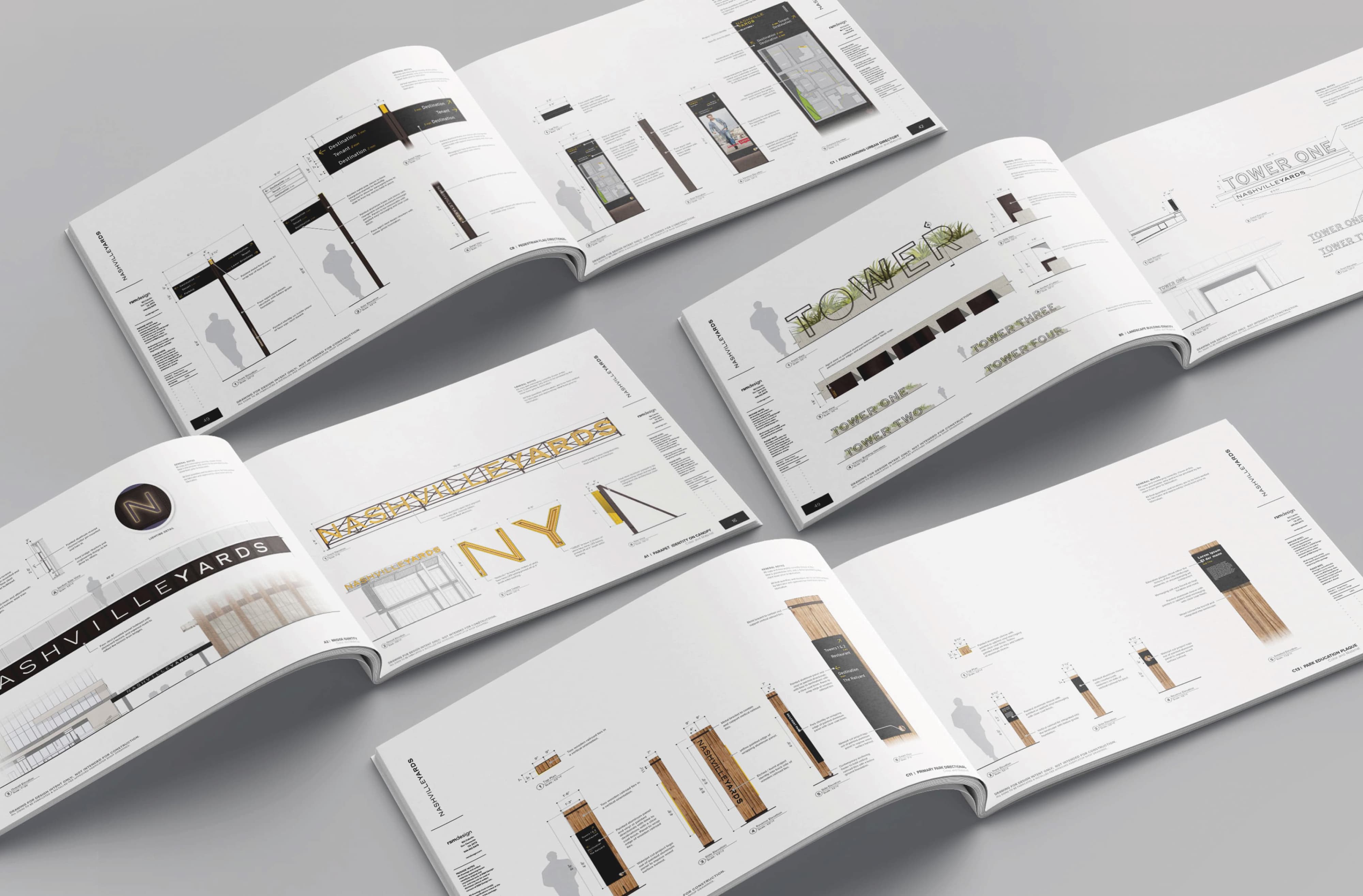 Spread of Nashville Yards master sign program design documents featuring technical drawings and elevations for wayfinding totems, building identification, gateway signage, and tower signage across multiple open booklets, showcasing comprehensive environmental graphic design and signage planning for a mixed-use development by RSM Design.
Want any tweaks?