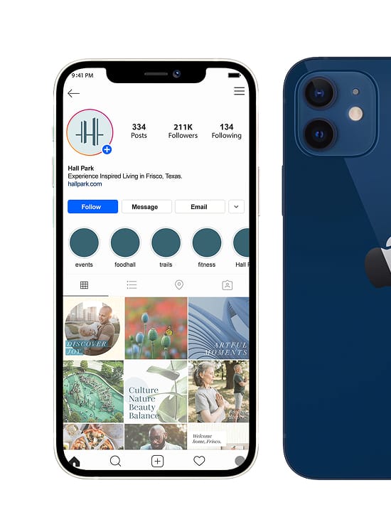 Smartphone mockup of the Hall Park Instagram profile grid, showing lifestyle and community content - social media strategy and brand identity by RSM Design