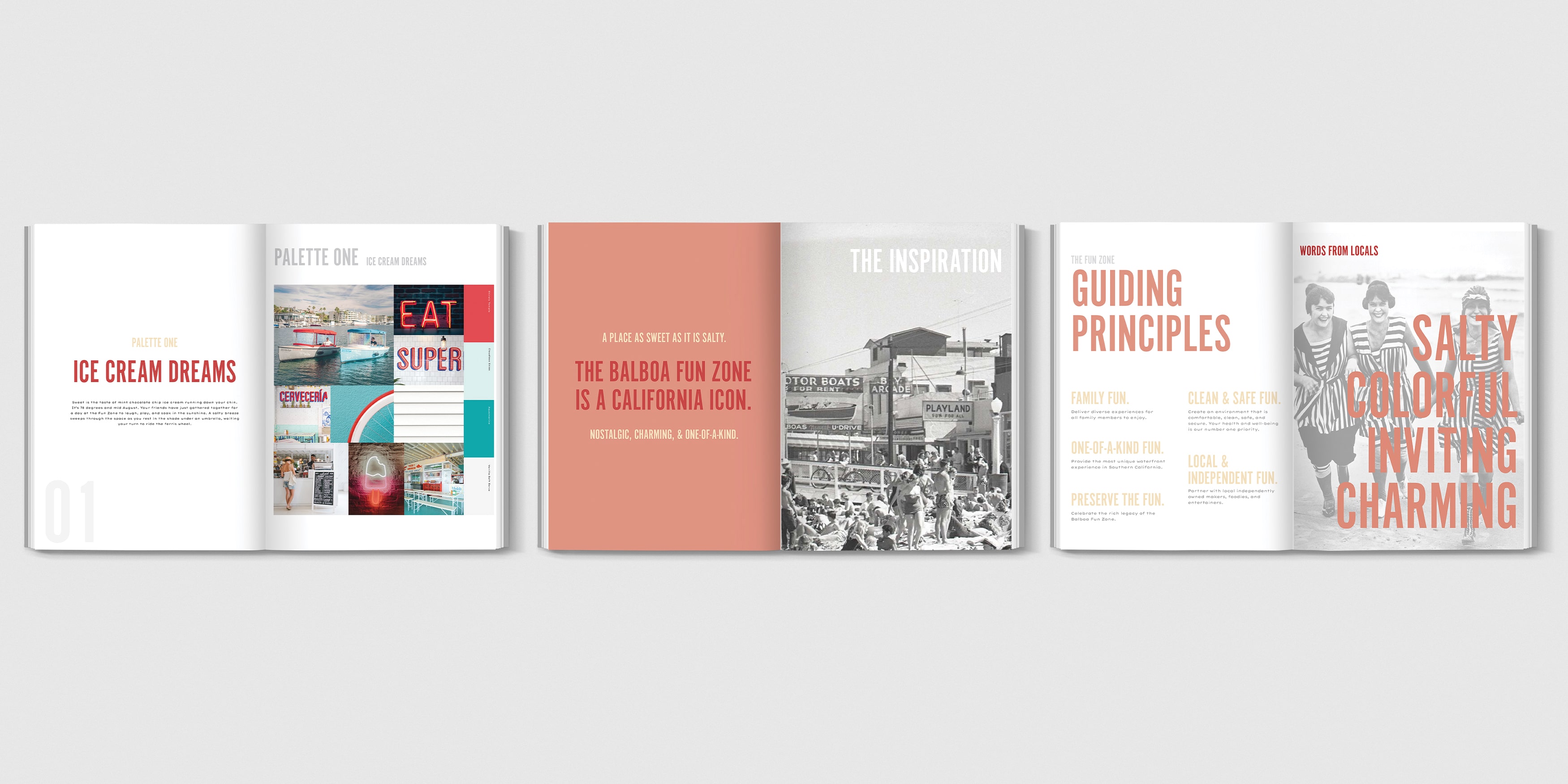 Flatlay of three books that have spreads open to the color palette, the inspiration, and the guiding principles of the Balboa Fun Zone in Newport Beach, California.