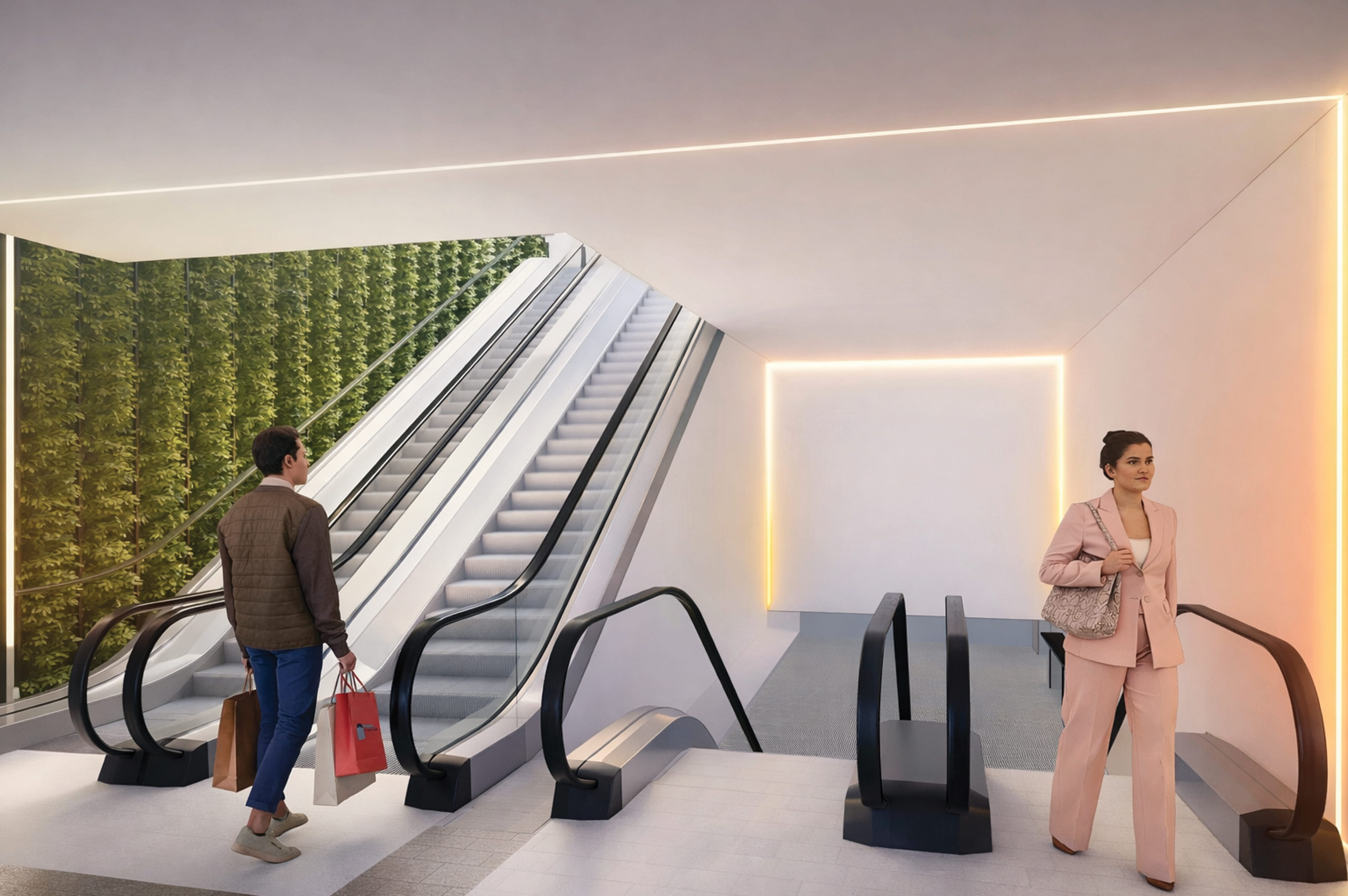 An architectural rendering of a Royalmount interior escalator concourse featuring a full-height living green wall, warm amber linear LED lighting framing a blank digital display panel, and shoppers in transit between levels — illustrating RSM Design's placemaking, digital integration and interactive solutions, and environmental graphic design services applied to a people-centered circulation space within the mixed-use, retail, and international markets
