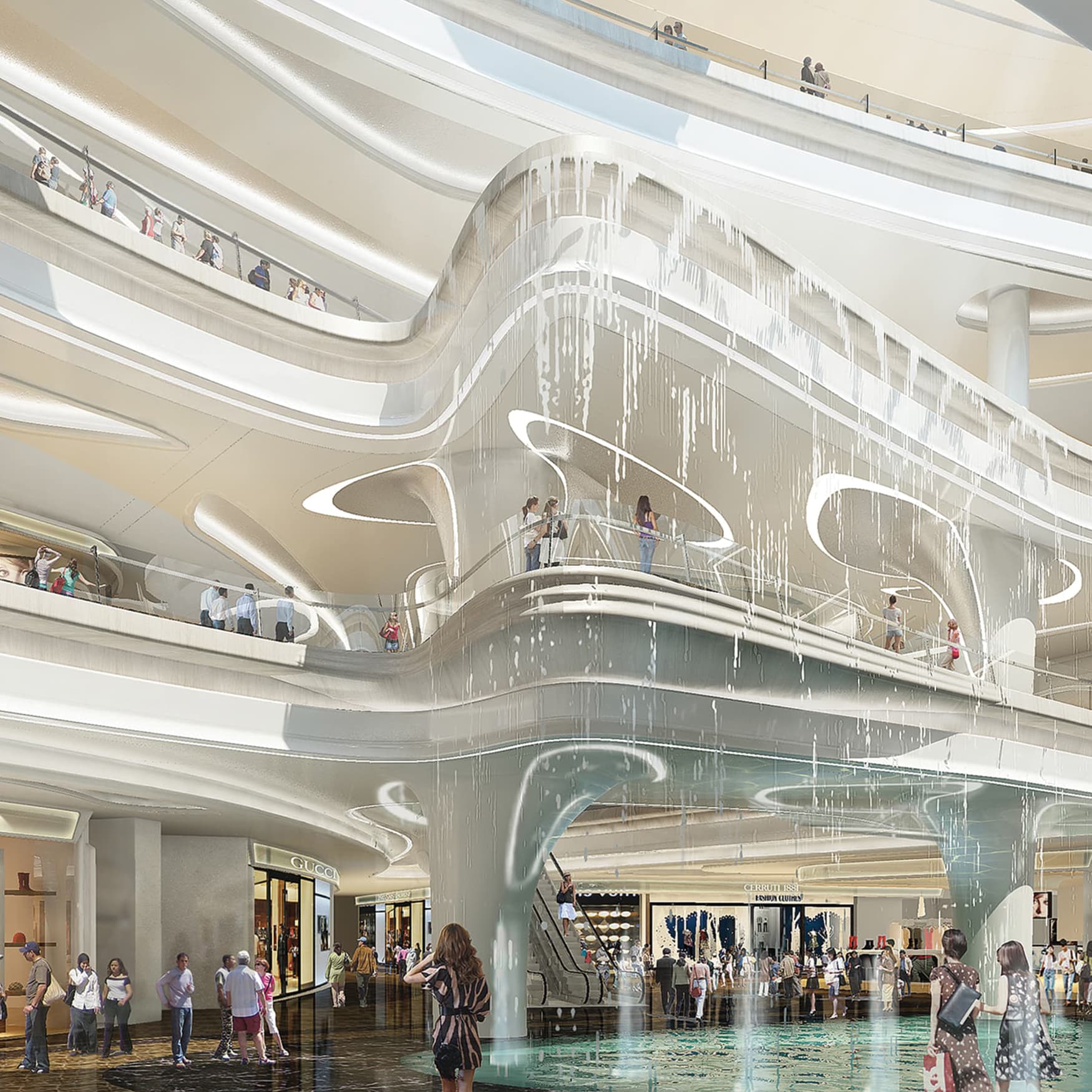 Rendering of white organically shaped interior architecture at K11 in China