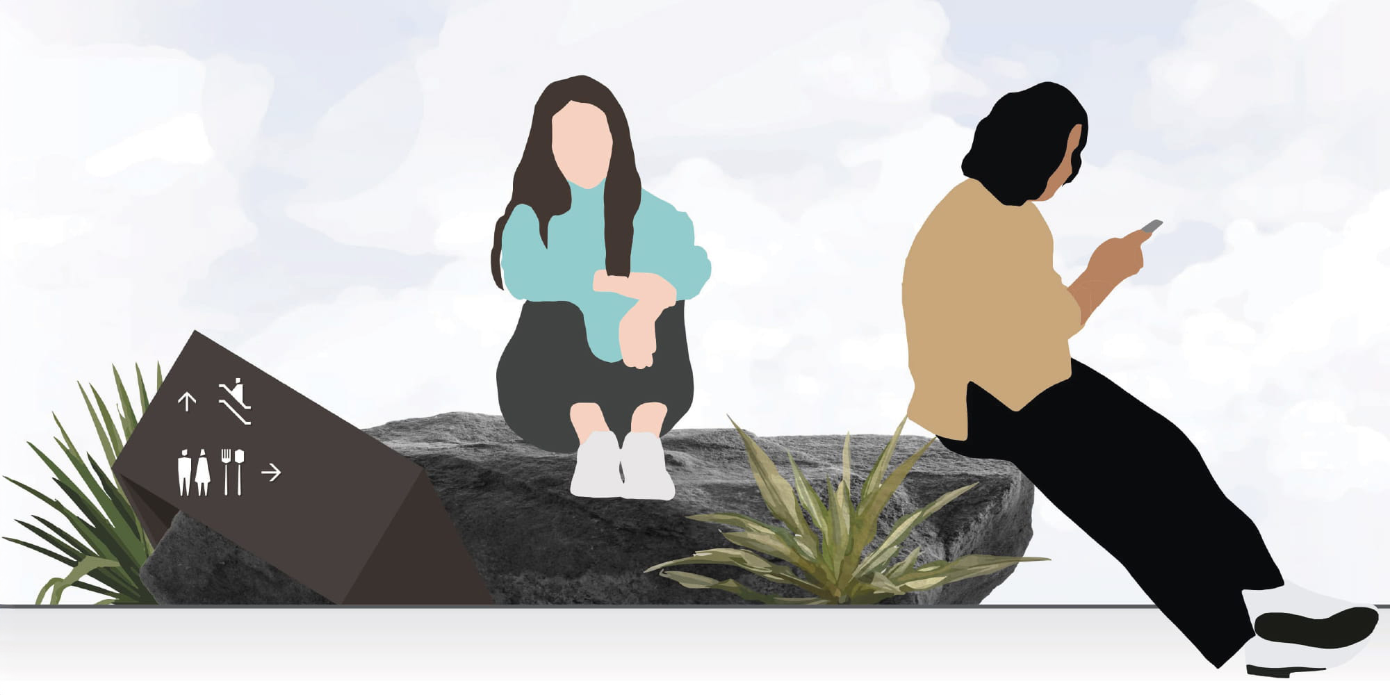 A stylized illustrated scene from Royalmount featuring two figures seated on natural stone boulders among desert plantings alongside a faceted dark charcoal wayfinding kiosk displaying directional pictograms for escalators, restrooms, and dining — capturing RSM Design's human-centered approach to wayfinding and signage design and placemaking within the mixed-use, retail, and international markets