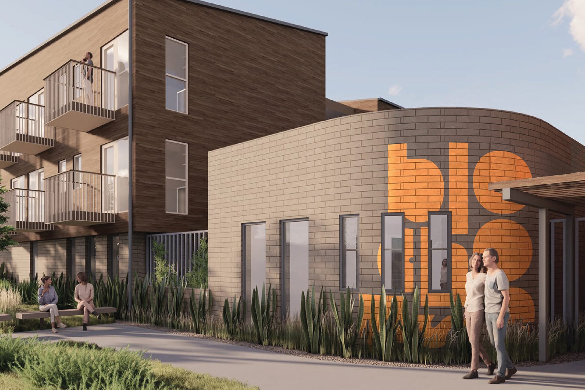 Exterior architectural rendering of Bloc House in Dallas, showing the curved single-story brick pavilion with a bold oversized "bloc house" wordmark in orange wrapping the facade. The multi-story wood-clad residential building with cantilevered balconies rises behind it. Residents sit on benches and walk along the landscaped path, with ornamental grasses and snake plants lining the streetscape.