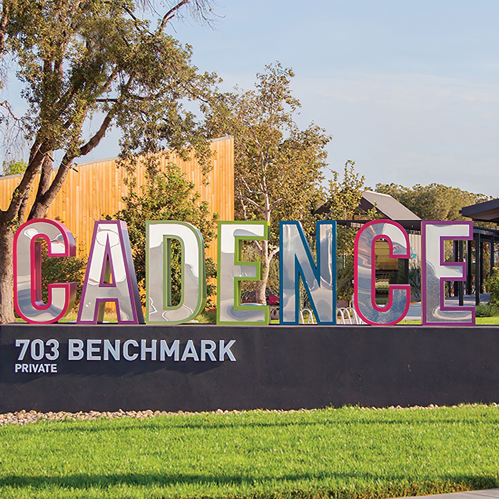 A monument sign at Cadence Park in Irvine, California (RSM Design) marks the entrance of one of many parks within the Great Park Neighborhoods.