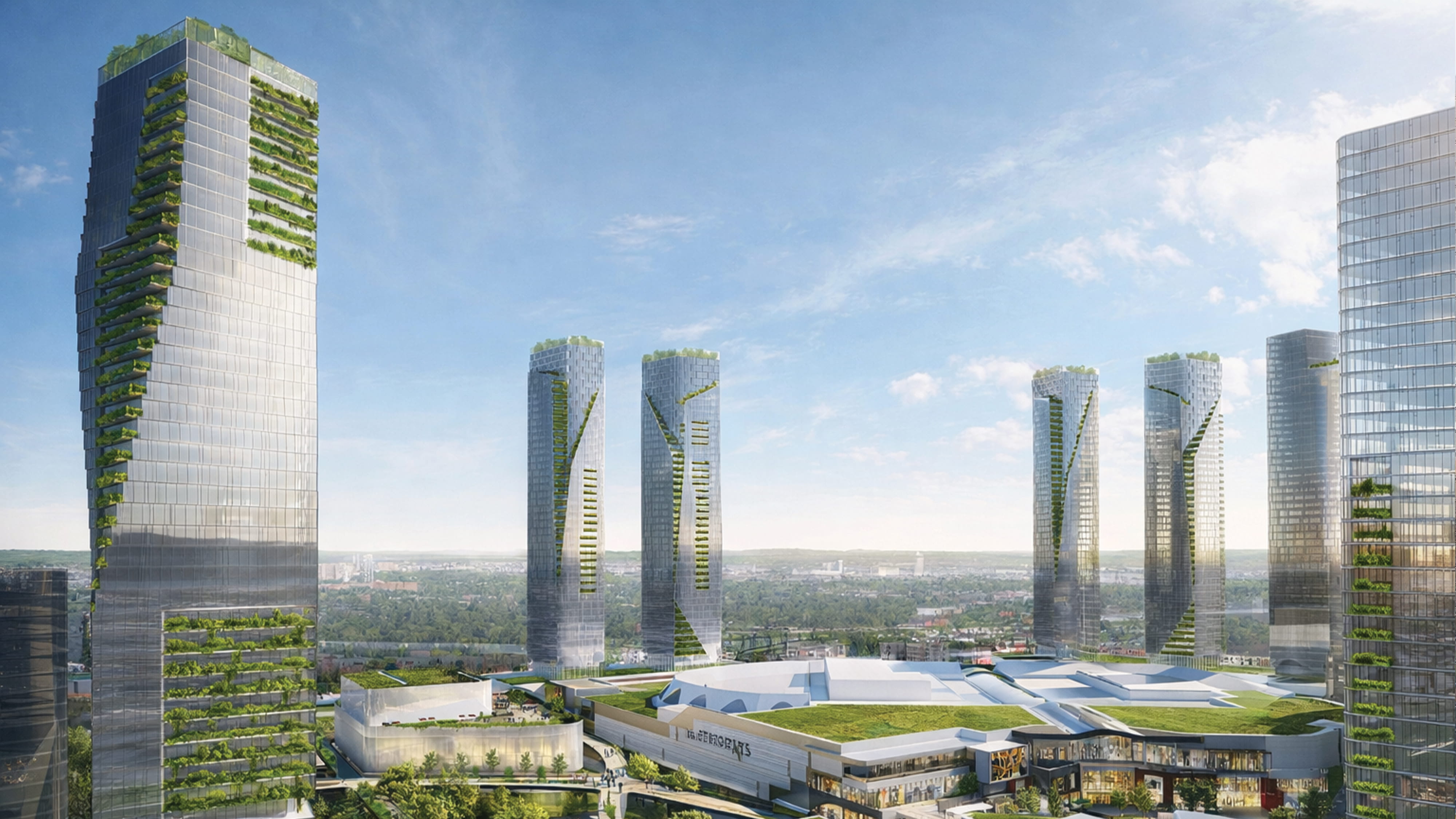 An architectural rendering of Royalmount, a large-scale mixed-use development featuring multiple biophilic glass towers adorned with cascading green terraces, expansive retail and entertainment podiums with green roofs, lush pedestrian pathways, and a vibrant urban streetscape — illustrating RSM Design's wayfinding and signage design, placemaking, and experiential graphics and branded environments services applied at a master plan scale within the mixed-use, retail, and international markets