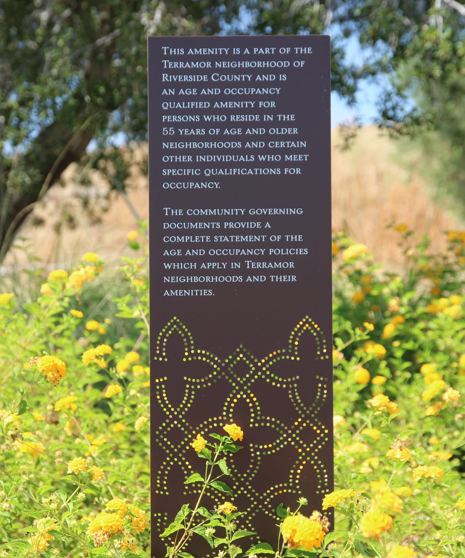 Age-qualified amenity information pylon with a decorative perforated pattern set among yellow lantana blooms at Terramor - environmental graphic design by RSM Design