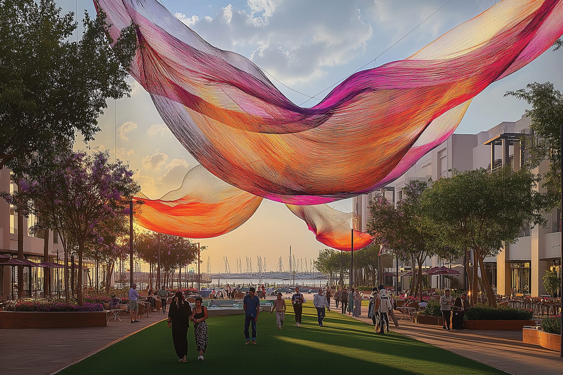 RSM Design Ramhan Island Marina Abu Dhabi — vibrant overhead textile art installation above activated marina retail promenade, with landscaped lawn, outdoor dining, and yacht marina at golden hour