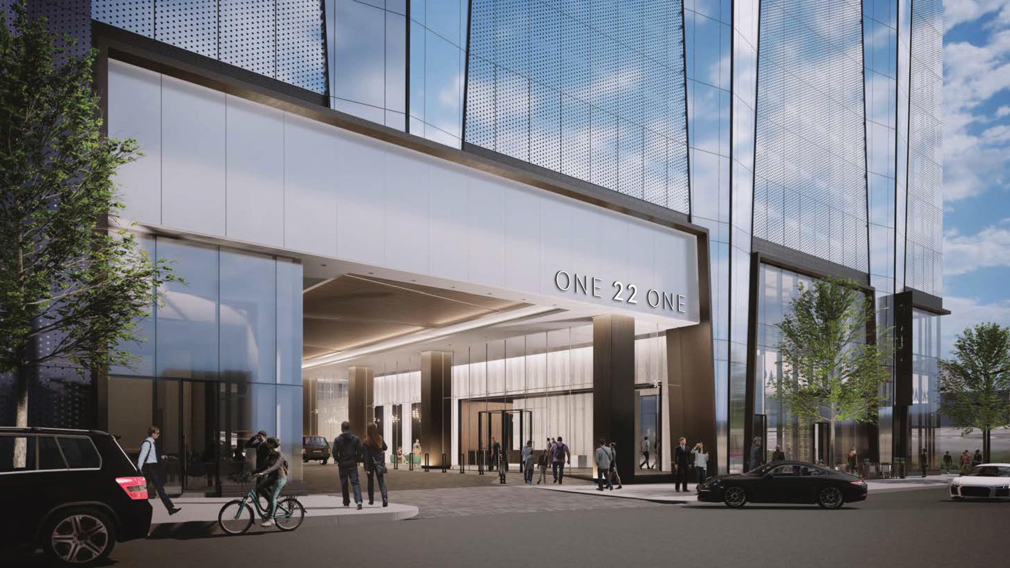 Architectural rendering of building entrance with applied building identity.