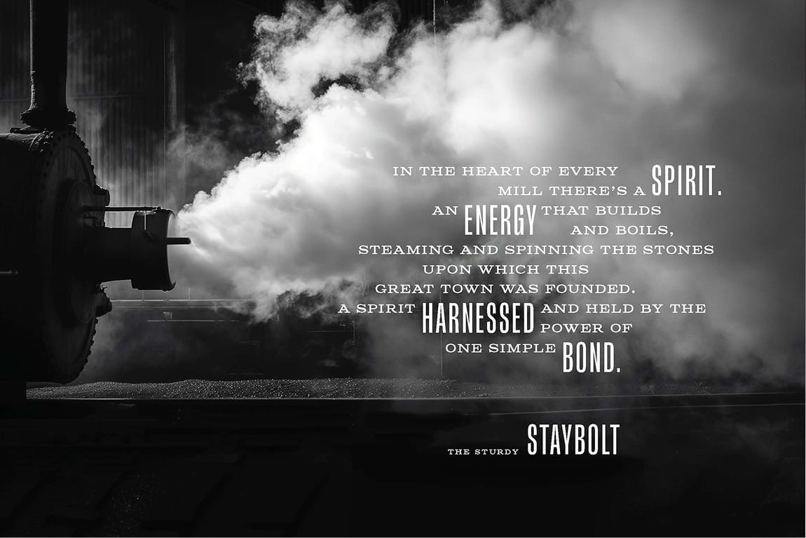 Staybolt Street brand narrative graphic with industrial steam imagery and district origin story typography — branding by RSM Design