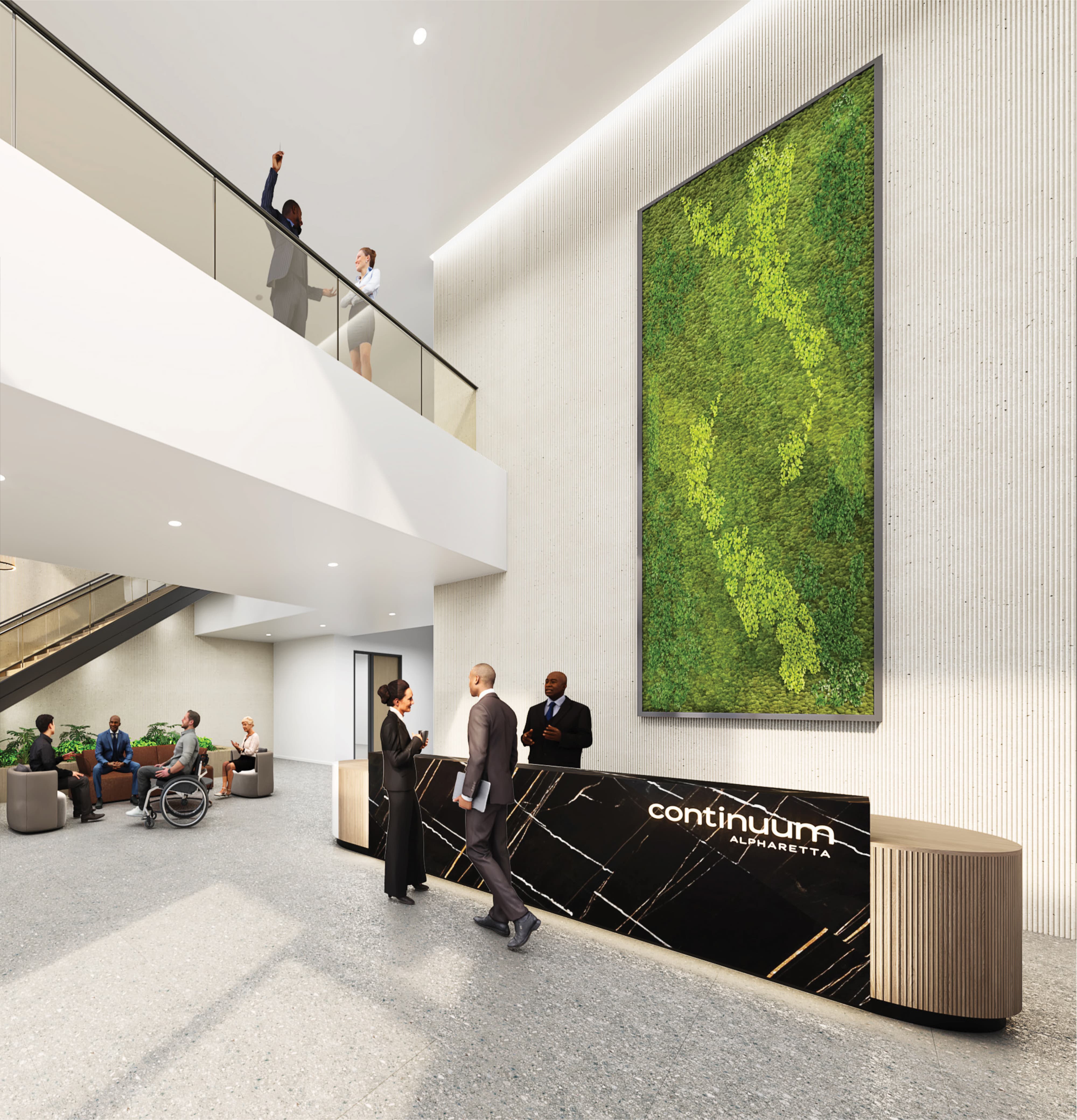 RSM Design photorealistic interior rendering of the lobby branded environment and art program for Continuum Alpharetta, depicting a double-height atrium with a Continuum Alpharetta branded black marble reception desk, a towering large-scale living moss wall art installation with an organic leaf pattern, a mezzanine with people overlooking the lobby, and diverse visitors and staff interacting at ground level, demonstrating how environmental graphic design, visual identity, art programs, placemaking, and branded environments are envisioned during the design process to create biophilic, human-centered, and inclusive interior experiences for mixed-use workplace, health and wellness, and residential community markets.