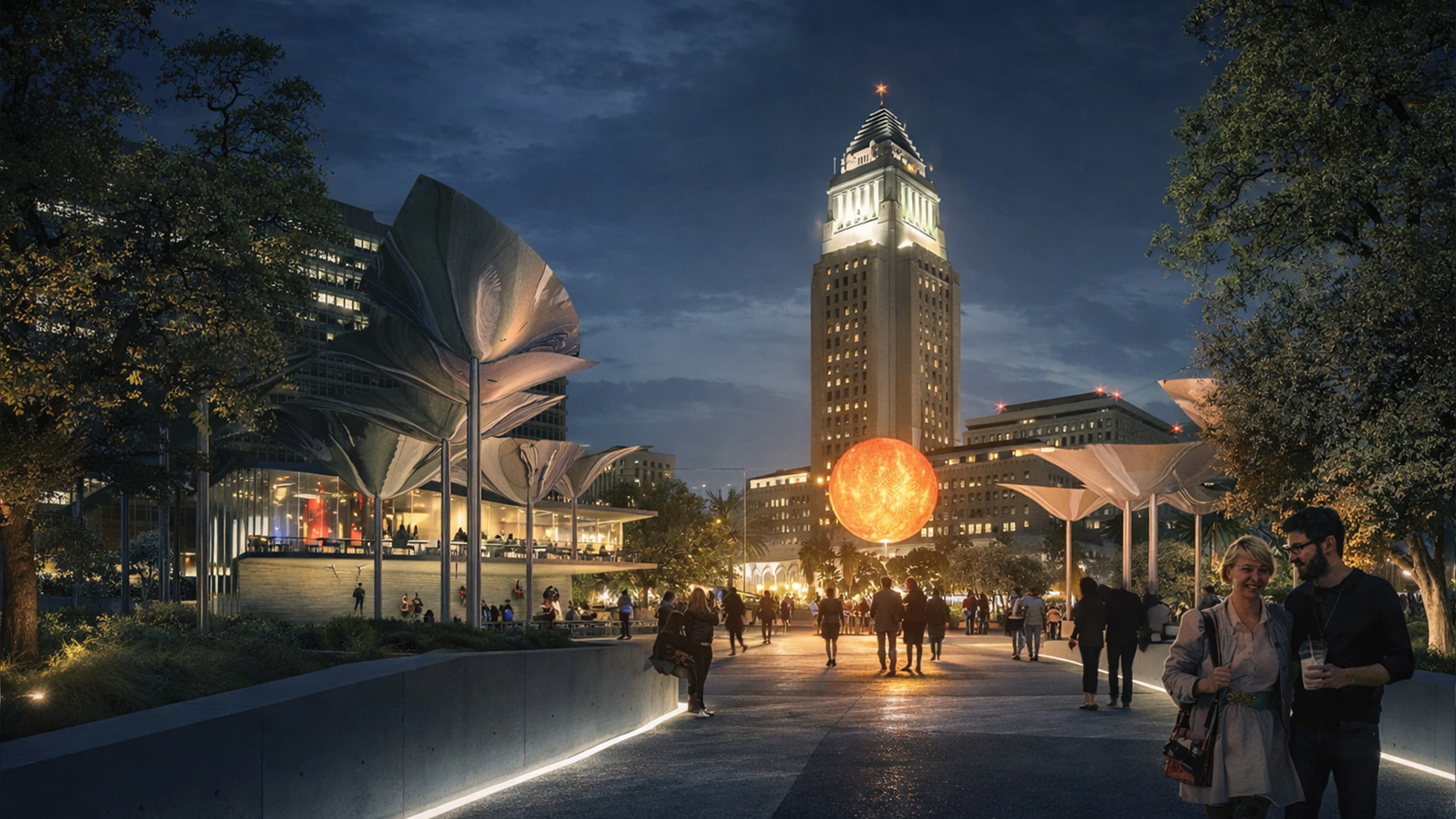 Architectural rendering of Grand Park Los Angeles civic plaza at dusk featuring a large-scale illuminated sphere public art landmark installation, sculptural petal-shaped shade canopy structures, activated pedestrian promenade, and Los Angeles City Hall tower in the background — RSM Design art programs, public art, experiential placemaking, specialty graphics, and environmental graphic design for civic, park, cultural, mixed-use, and streetscape destinations.
