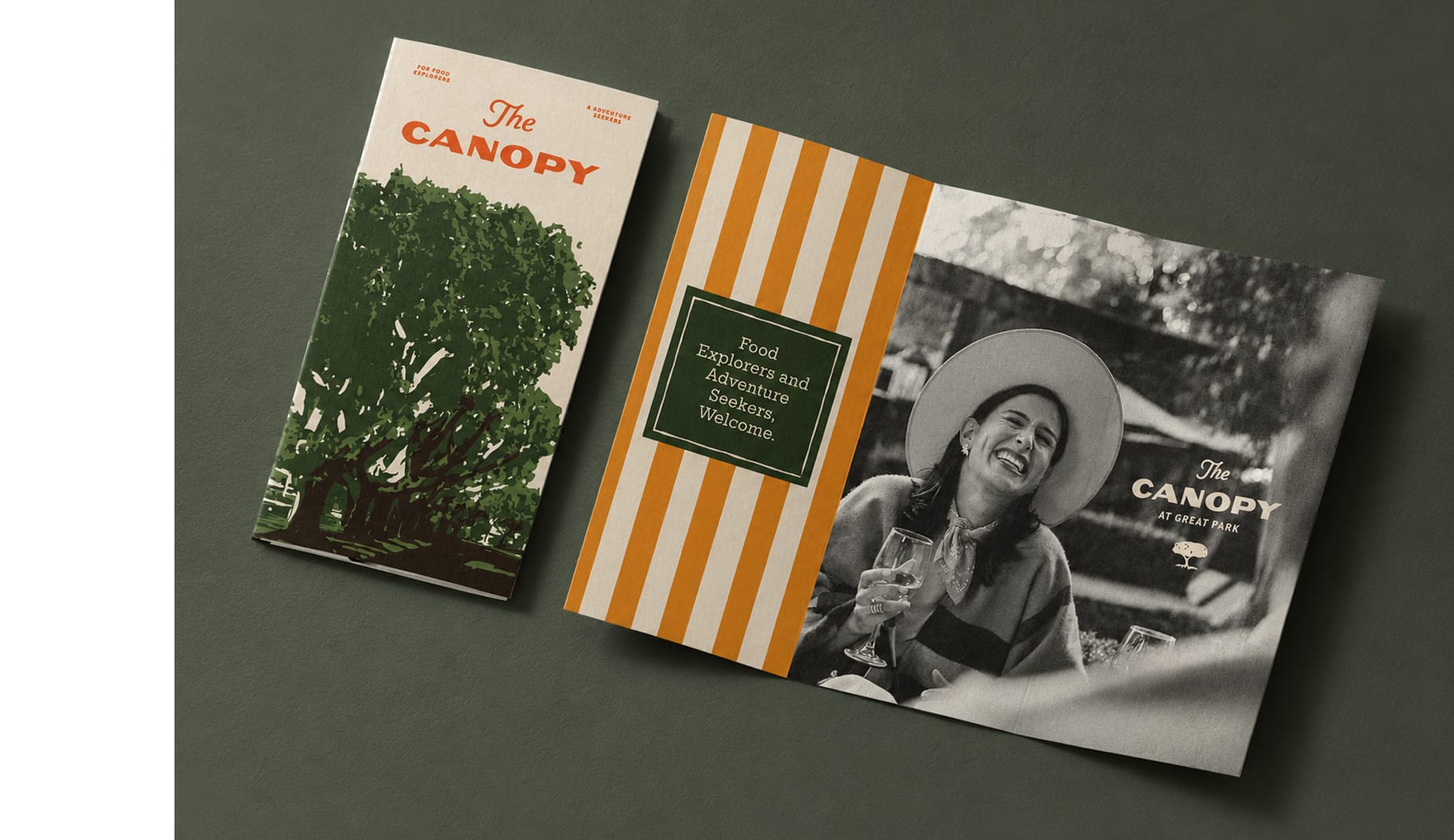 The Canopy at Great Park brochure with illustrated tree cover and striped welcome spread - brand identity design by RSM Design