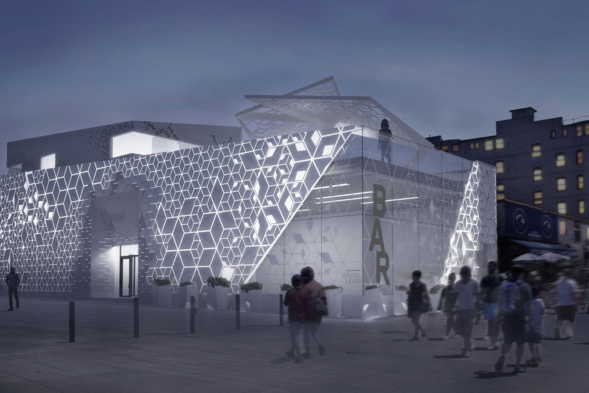 Nighttime architectural CGI rendering of the Israel Levin Senior Center of Jewish Family Service designed by BAR Architects, featuring a dramatically backlit three-dimensional geometric triangular white facade that glows luminously at dusk, with the BAR logo visible on the entrance canopy, motion-blurred pedestrians on the Venice Beach boardwalk in the foreground, and surrounding urban context of existing neighborhood buildings under a deep blue twilight sky