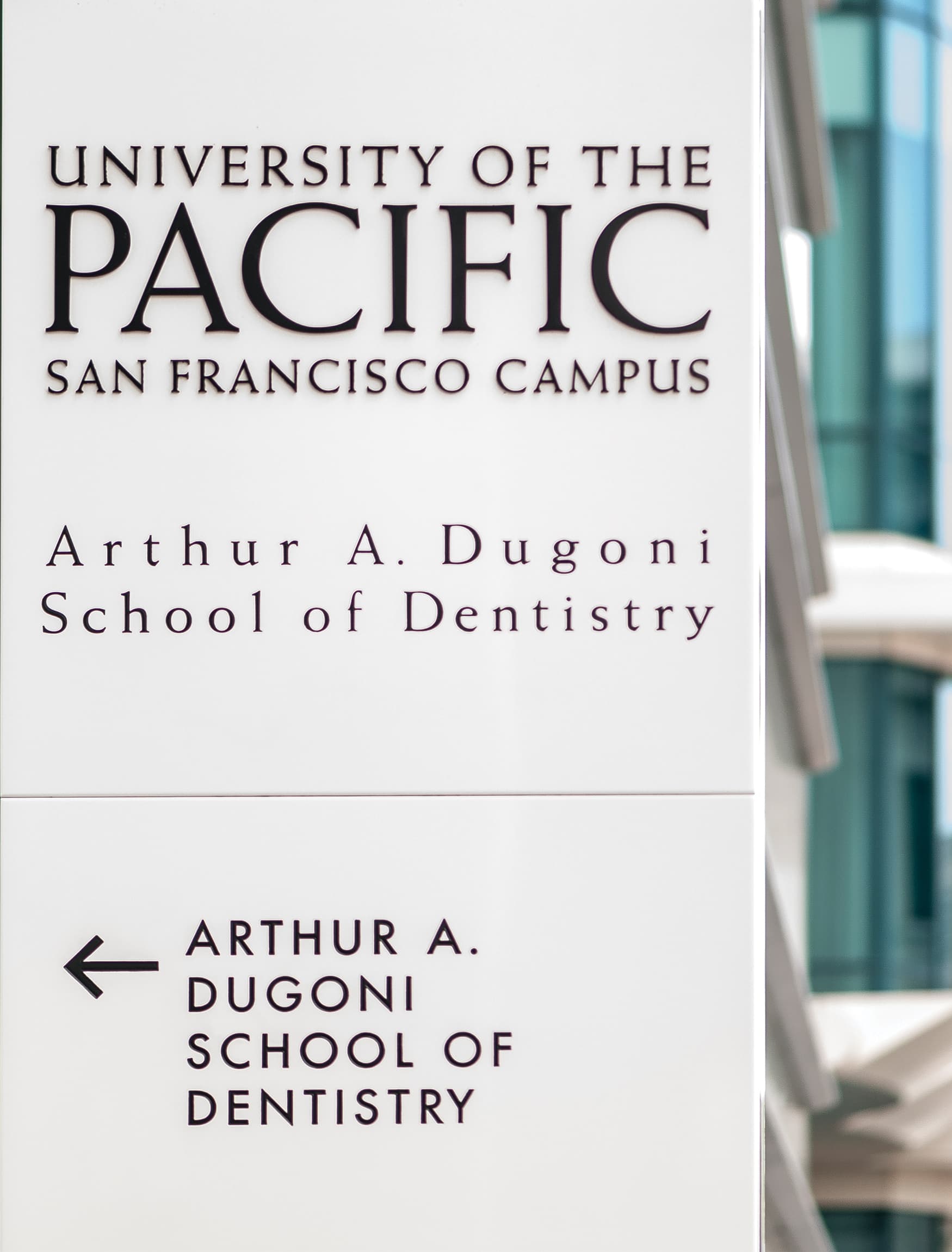 University of the Pacific, Education Design and Healthcare Design in San Francisco, California. Project Identity totem and pedestrian directional wayfinding.