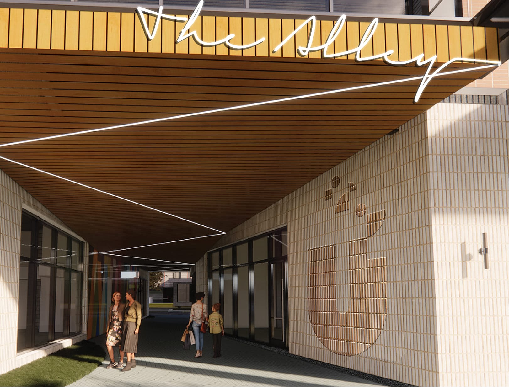 RSM Design experiential signage rendering for The Alley at HUB RTP — neon script channel letter sign and dimensional wall logo on wood-clad canopy entrance with pedestrians at Research Triangle Park, Durham NC
