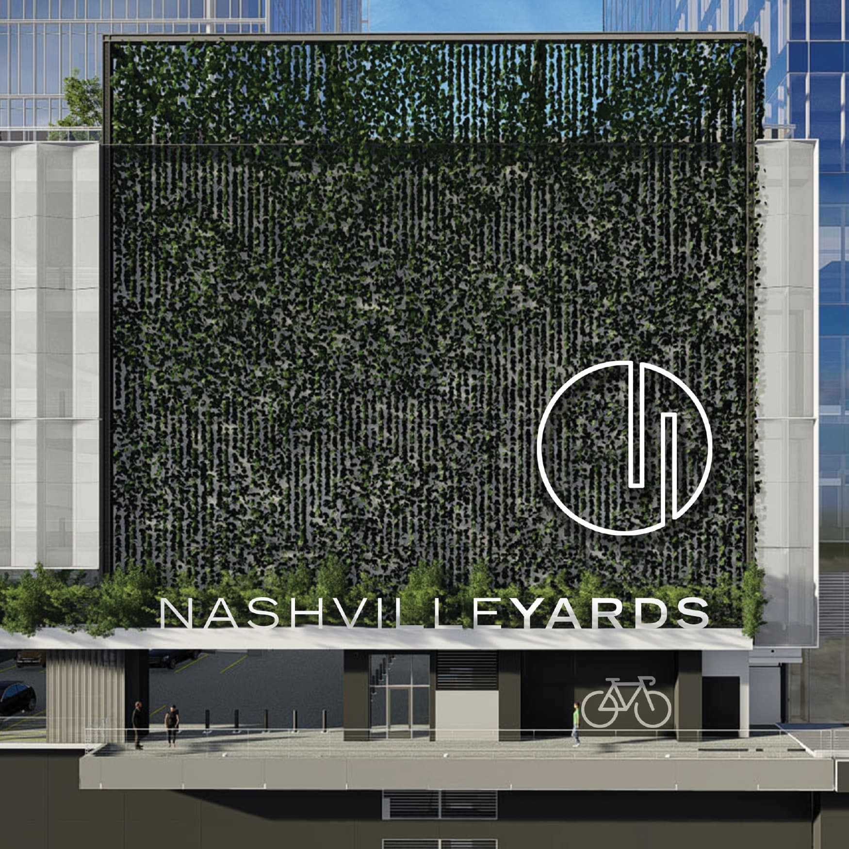 Nashville Yards signage on a high rise at Nashville Yards, with the logo as a sign. Signage and wayfinding designed by RSM Design. 