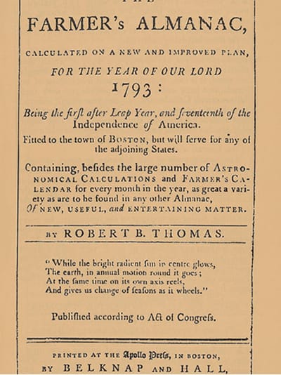 Vintage 1793 Farmer's Almanac title page with aged parchment texture and antique typography, brand identity research reference by RSM Design.