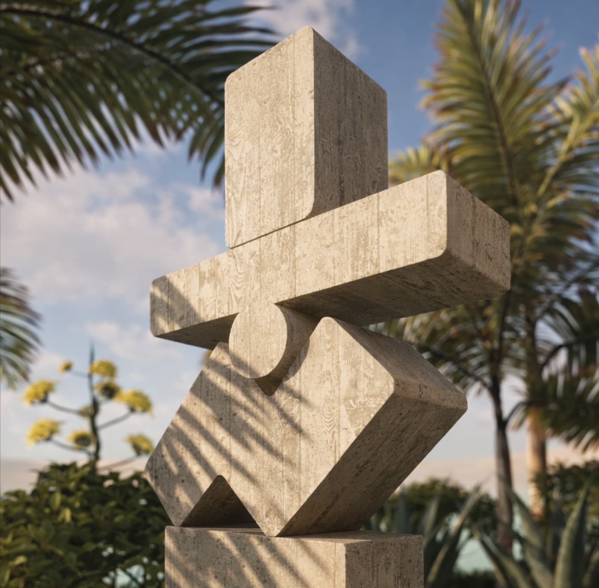 Abstract stone sculpture integrated into coastal landscape, showcasing experiential placemaking, environmental graphic design, and public art strategy for hospitality, mixed-use, and destination resort environments.
