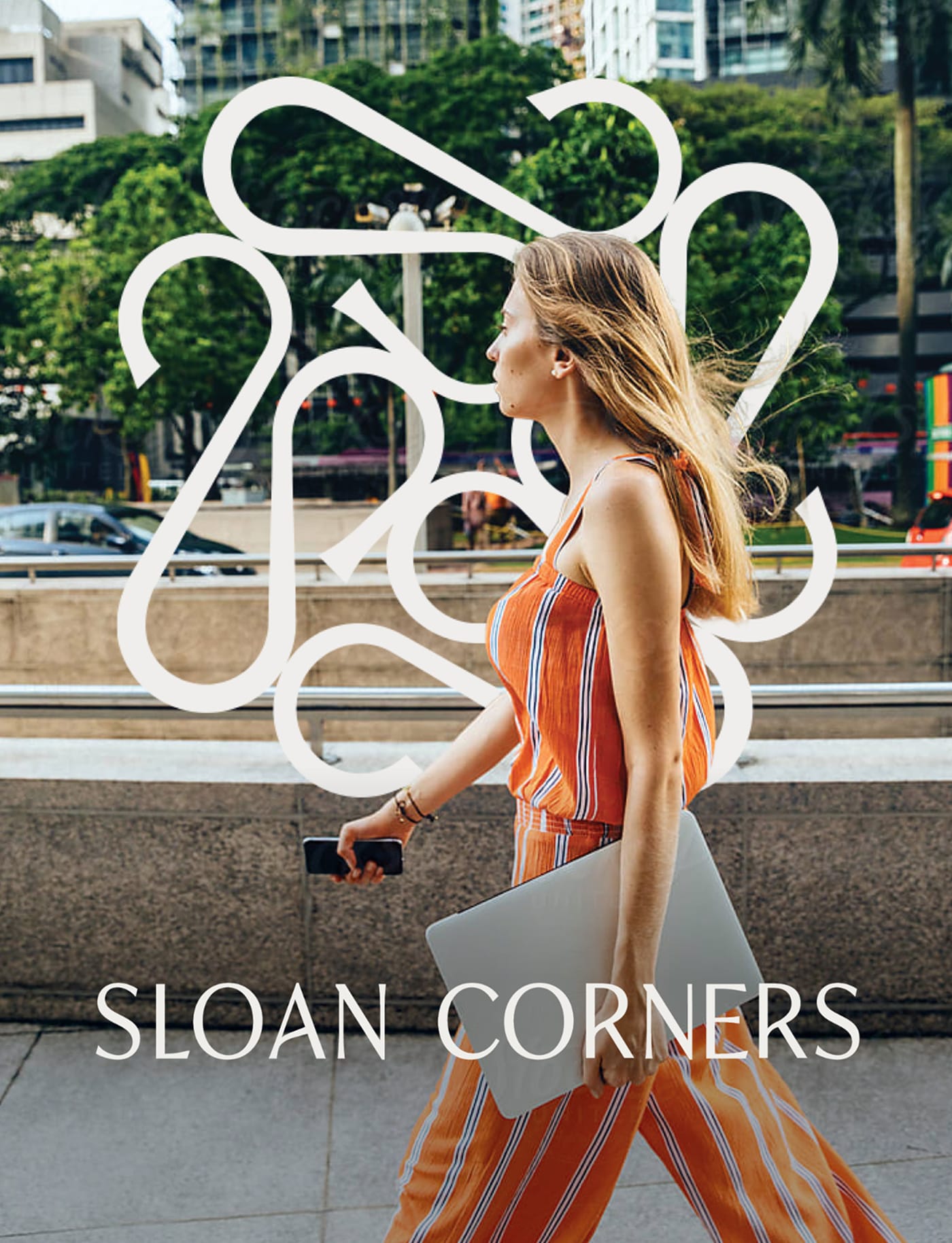 Sloan Corners woven brand mark overlaid on a woman walking through the city - brand identity design by RSM Design
