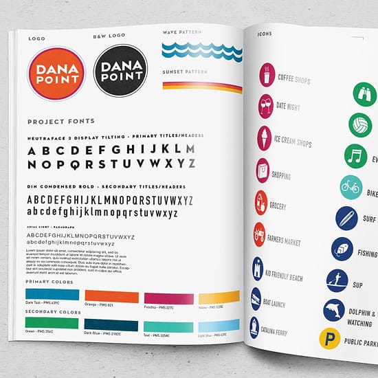 Open brand style guide spread showing the Dana Point logo, fonts, color palette, and activity icon set - brand identity by RSM Design