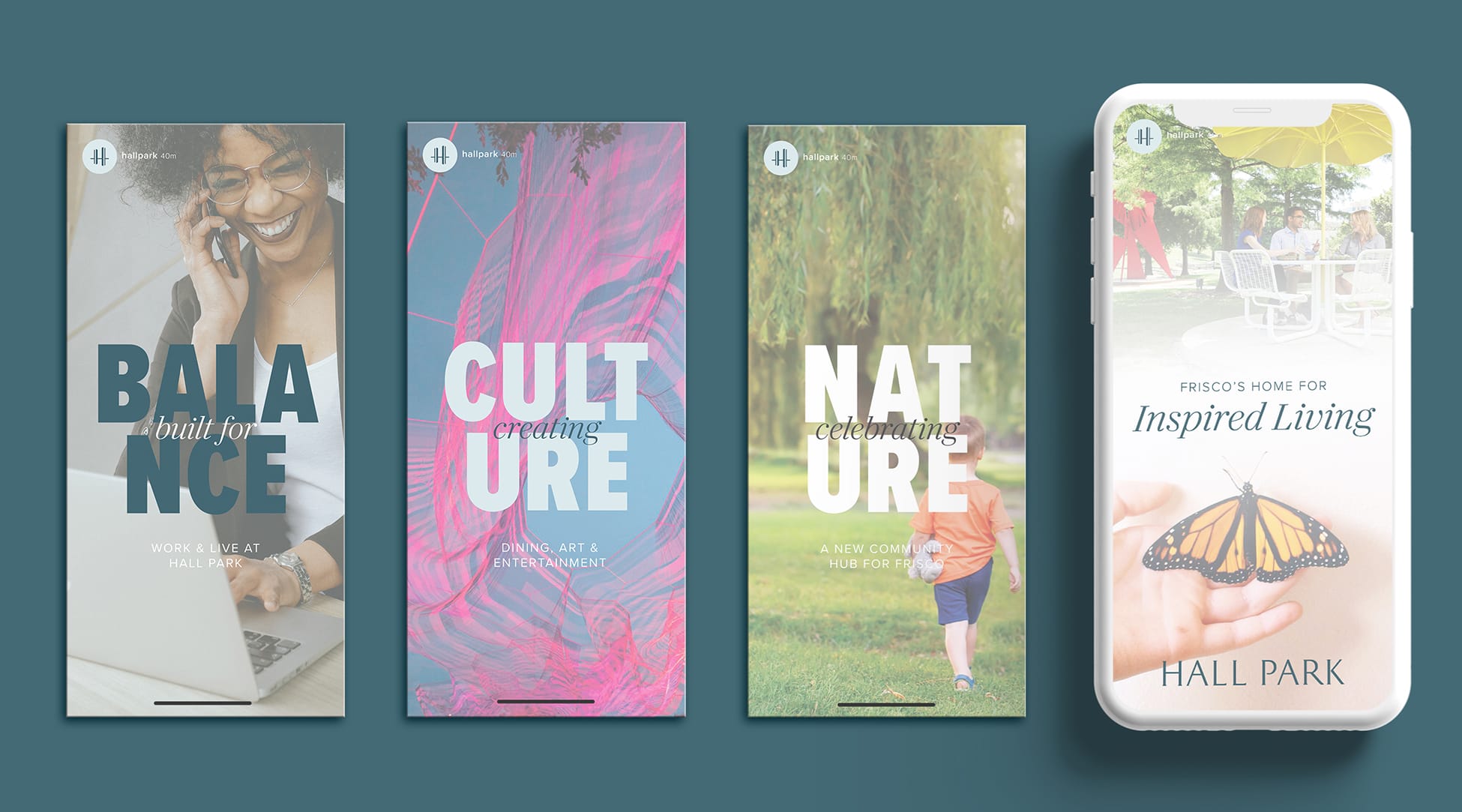 Four Instagram Story mockups on Balance, Culture, Nature, and Inspired Living themes for Hall Park - social media content and brand identity by RSM Design