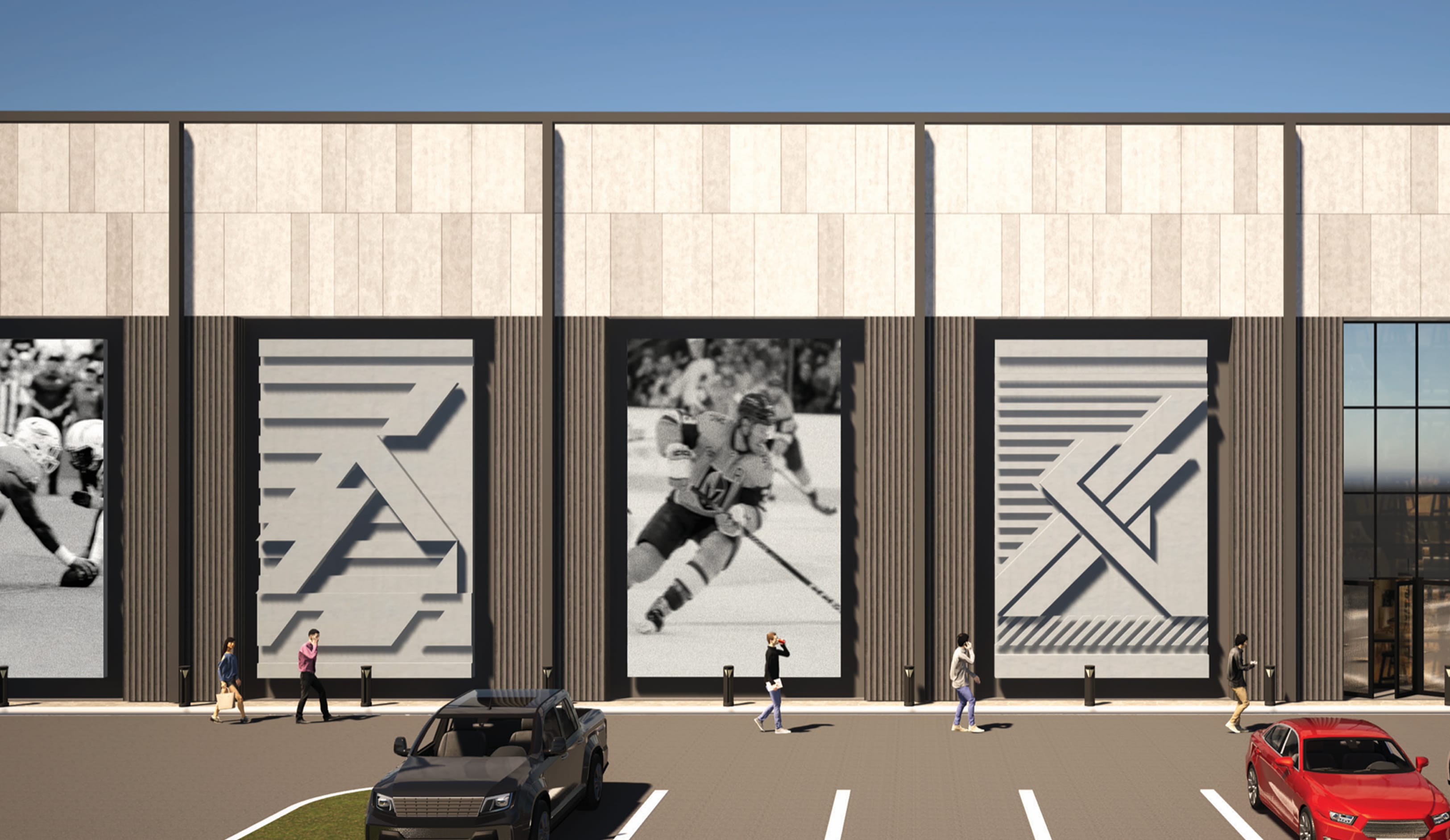Rendering of a building facade with large-scale wall art that alternates black-and-white photos of football and hockey players with sculptural relief panels of layered geometric forms, framed by dark fluted cladding, Hylo Park, Las Vegas, environmental graphic design by RSM Design.