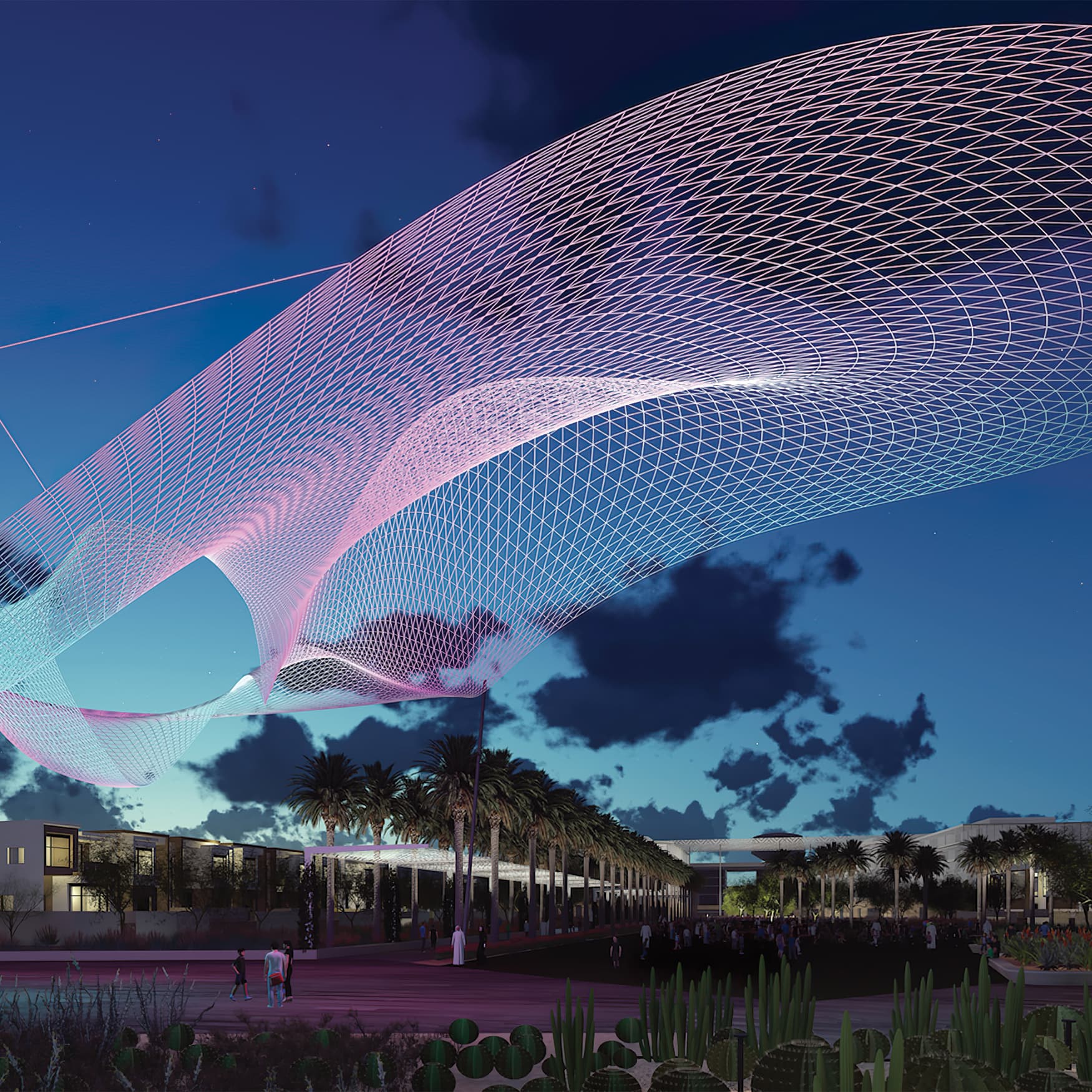 Al Raffah project at night with art installation flowing overhead