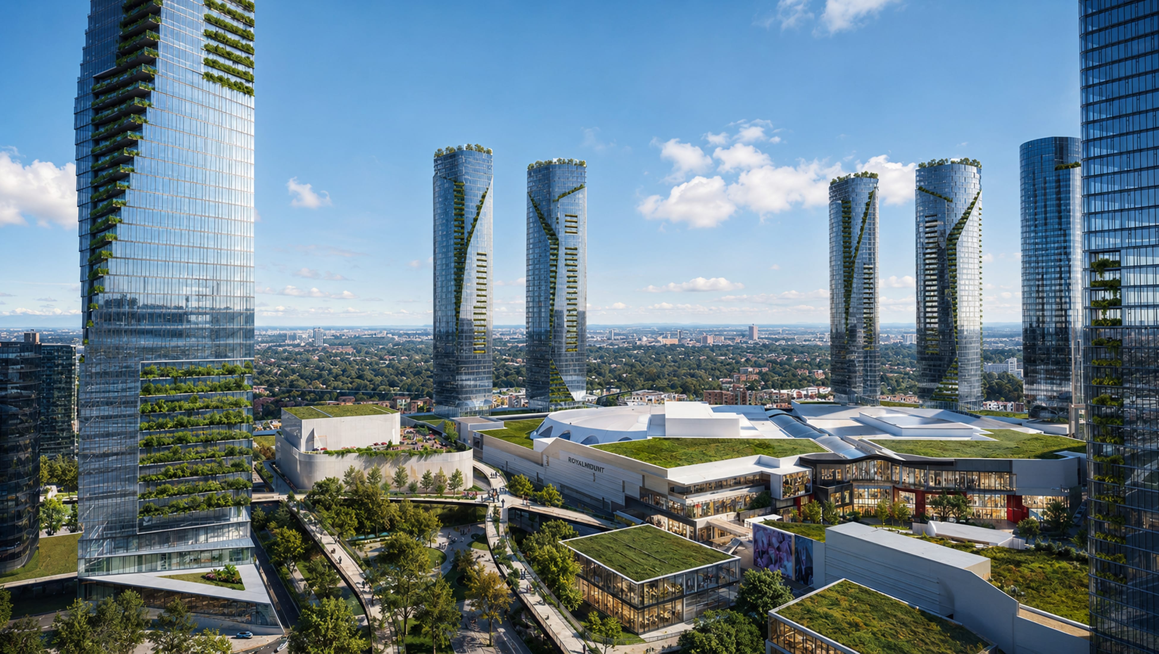 Aerial rendering of Royalmount mixed-use development with glass residential towers, green roof terraces, and retail plaza set against a city skyline — placemaking and environmental graphic design by RSM Design