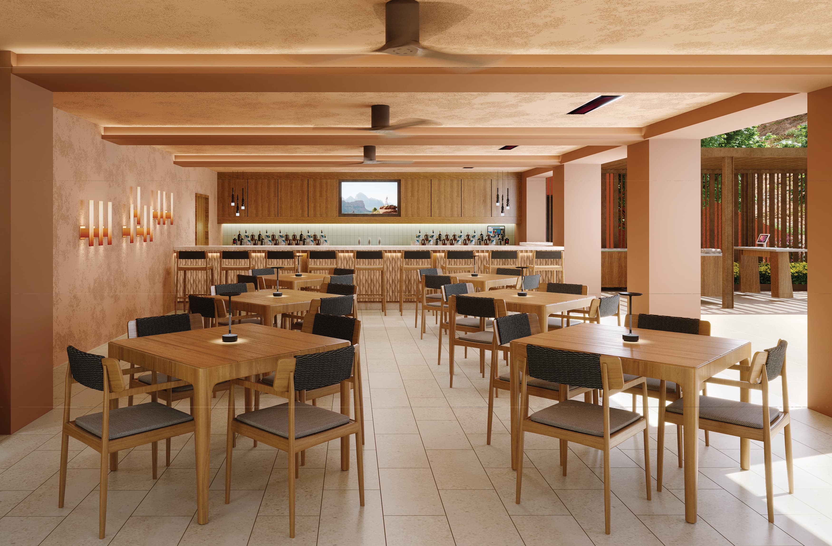 Image of the dining space with rustic desert inspired interior design at Enchantment Resort in Sedona, Arizona