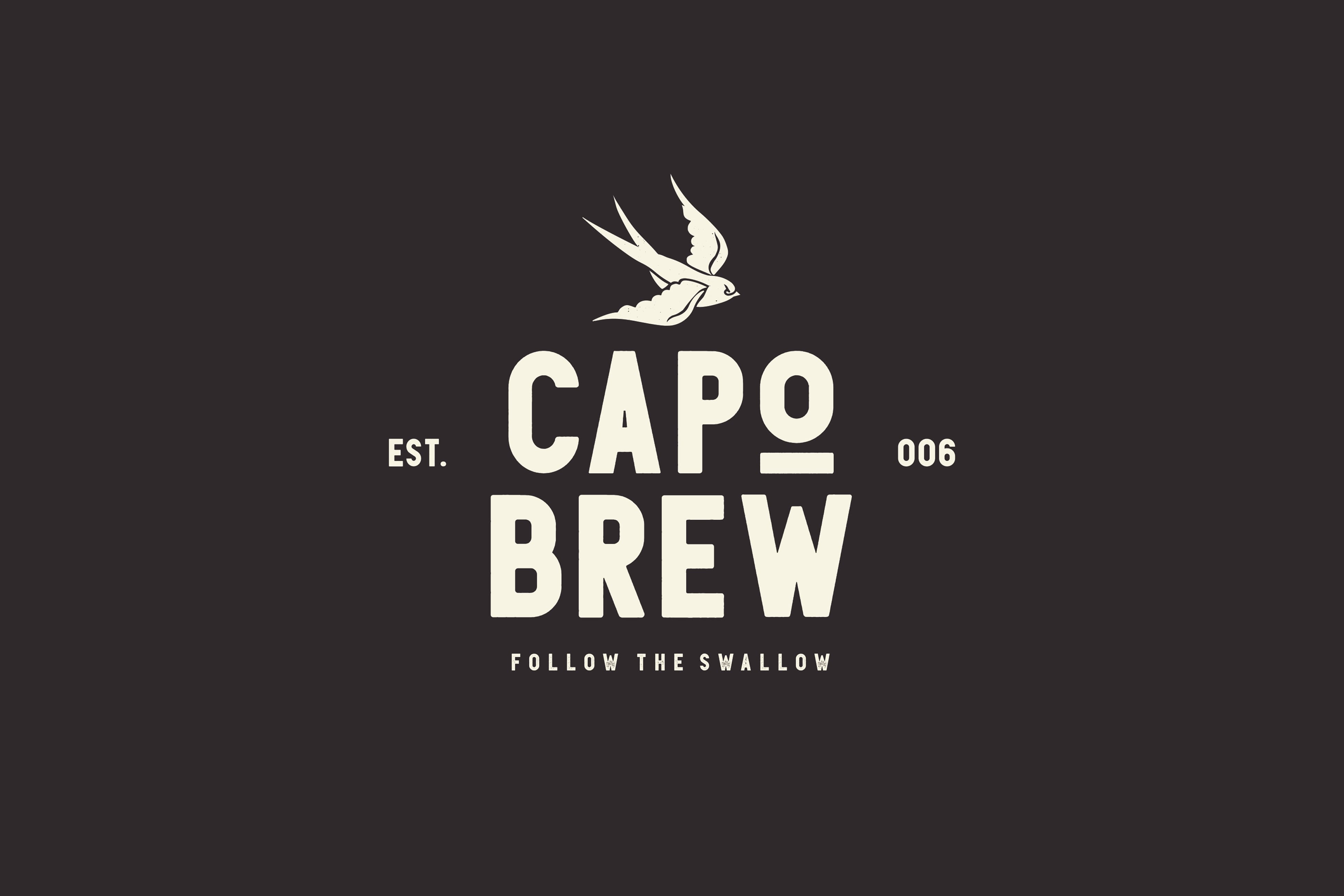 Cream Capo Brew logo with swallow icon and "Follow the Swallow" tagline on dark brown background, brand identity design by RSM Design