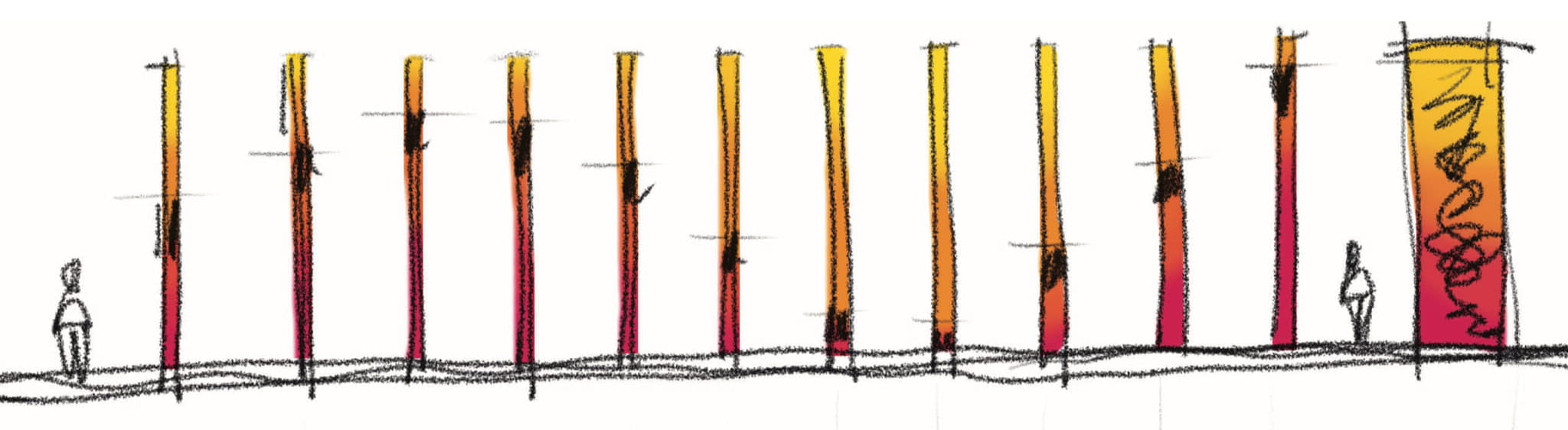 Concept sketch of vertical environmental graphic elements for Bel Air Village with color gradients, illustrating RSM Design’s approach to placemaking, experiential design, and wayfinding within mixed-use retail and public space environments