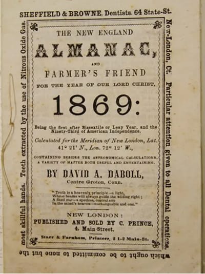 Vintage 1869 New England Almanac cover with ornate border and antique typography, brand identity research reference by RSM Design.