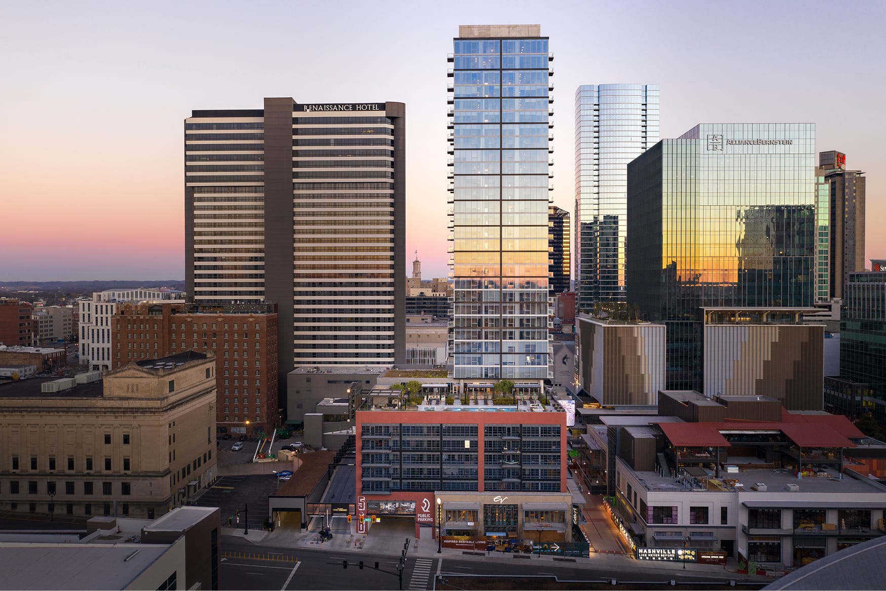 Aerial view of Fifth + Broadway in downtown Nashville, showing the mixed-use district integrated within the city skyline.