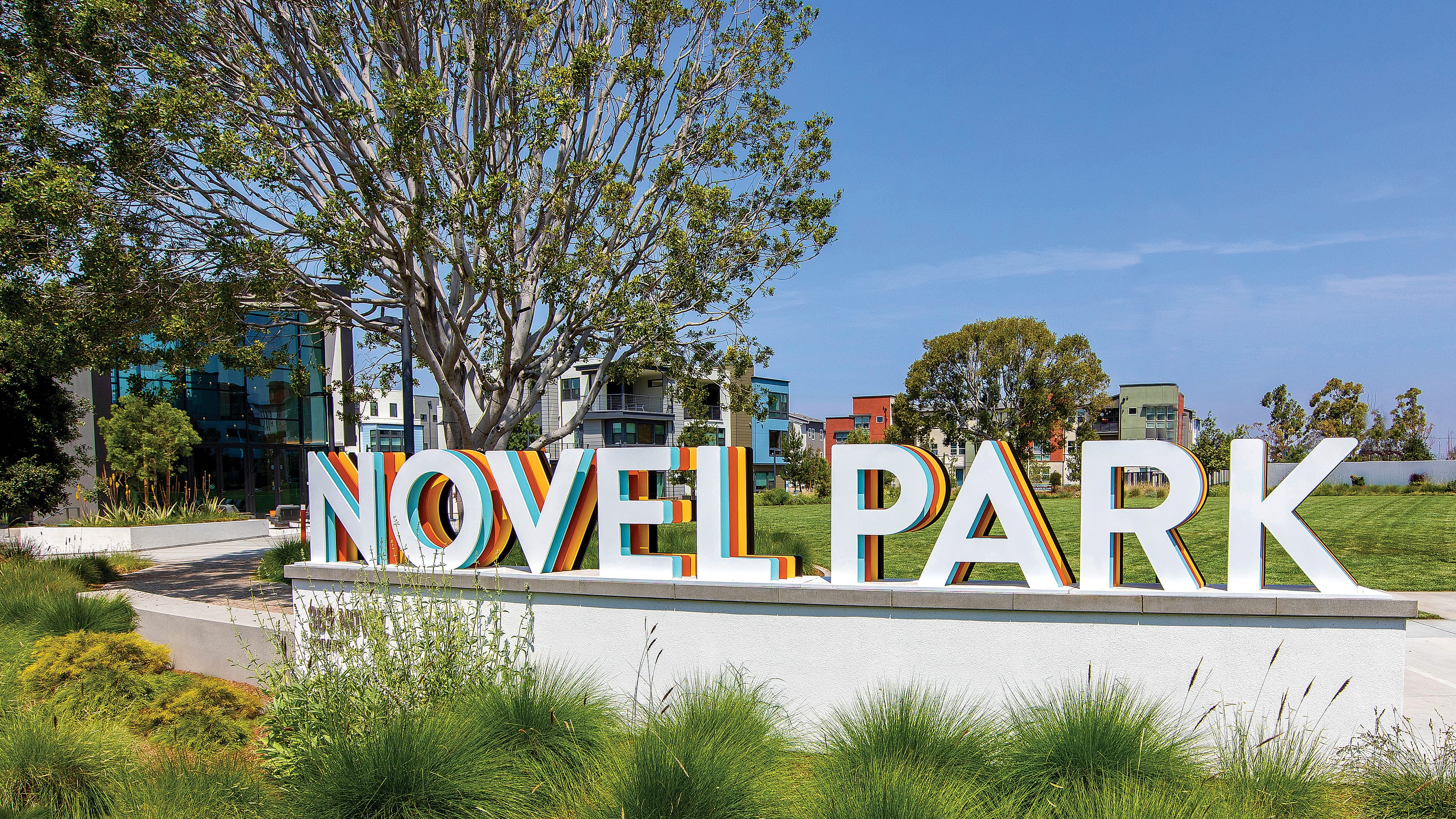 Multi-colored identity sign design at Novel Park in Irvine, California.