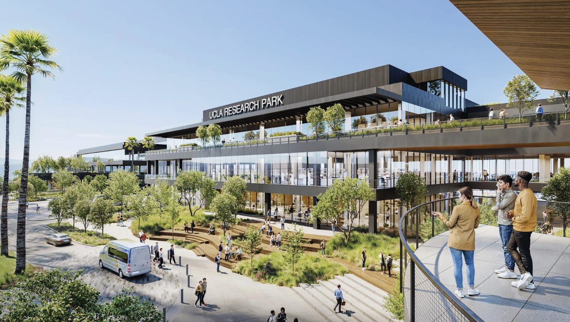 UCLA Research Park redevelopment in Los Angeles featuring contemporary research campus architecture, integrated signage, landscaped public spaces, and pedestrian circulation within an urban innovation environment designed by RSM Design.