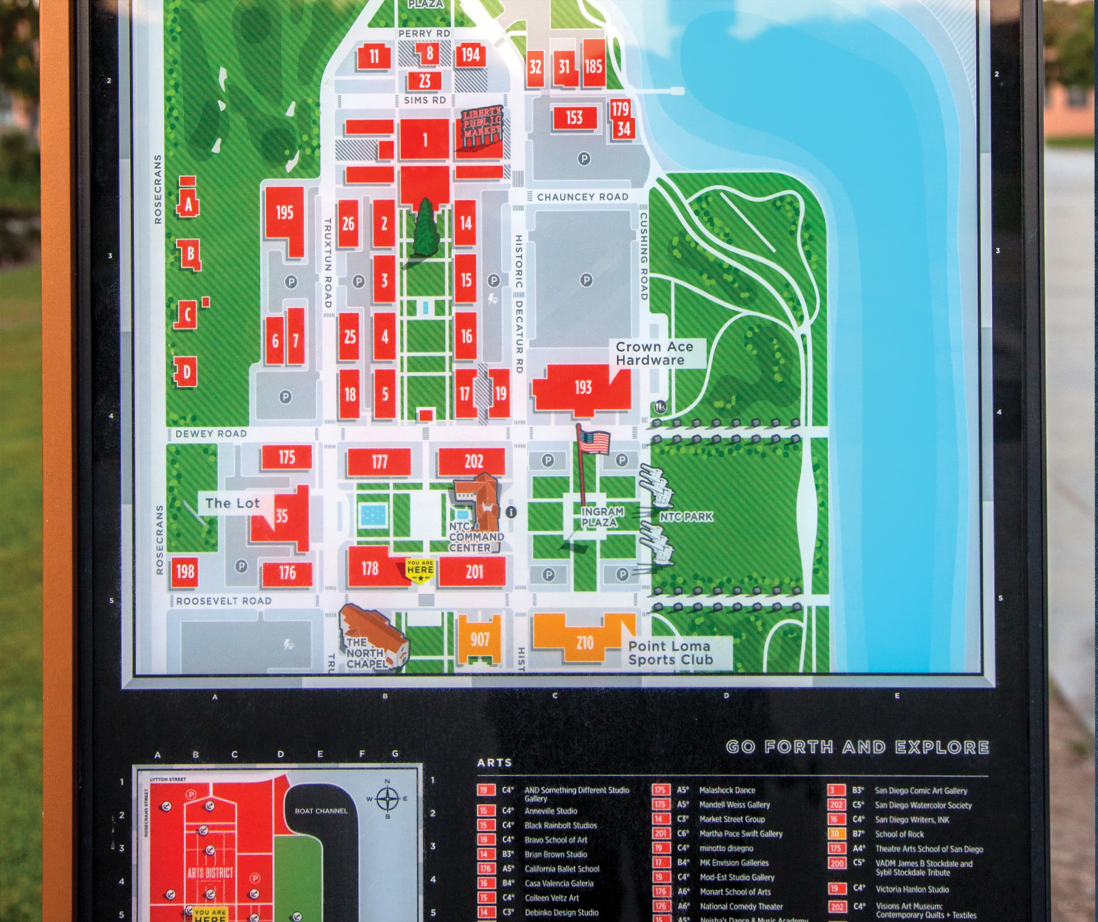 Liberty Station, San Diego, mixed-use project pedestrian wayfinding, directional, and directory design.