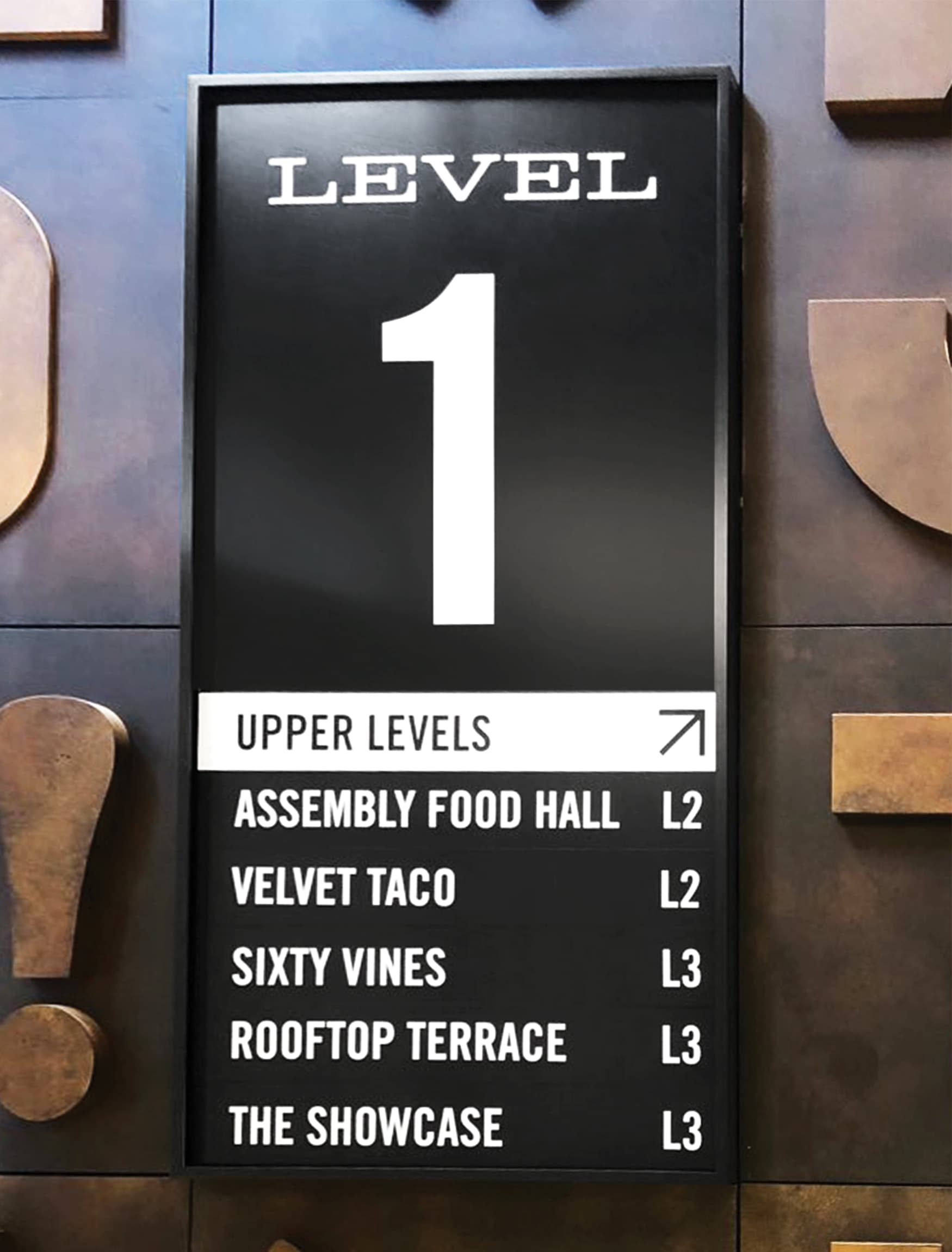 Black vertical wall mounted level directory with trim and white graphics. Signage and wayfinding for Fifth + Broadway in Nashville, Tennessee by RSM Design
