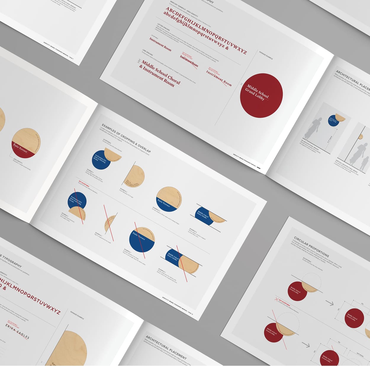 Brand standards manual pages showing signage typography, circular sign proportions, and placement guidelines for Aerocity - wayfinding and brand identity design by RSM Design
