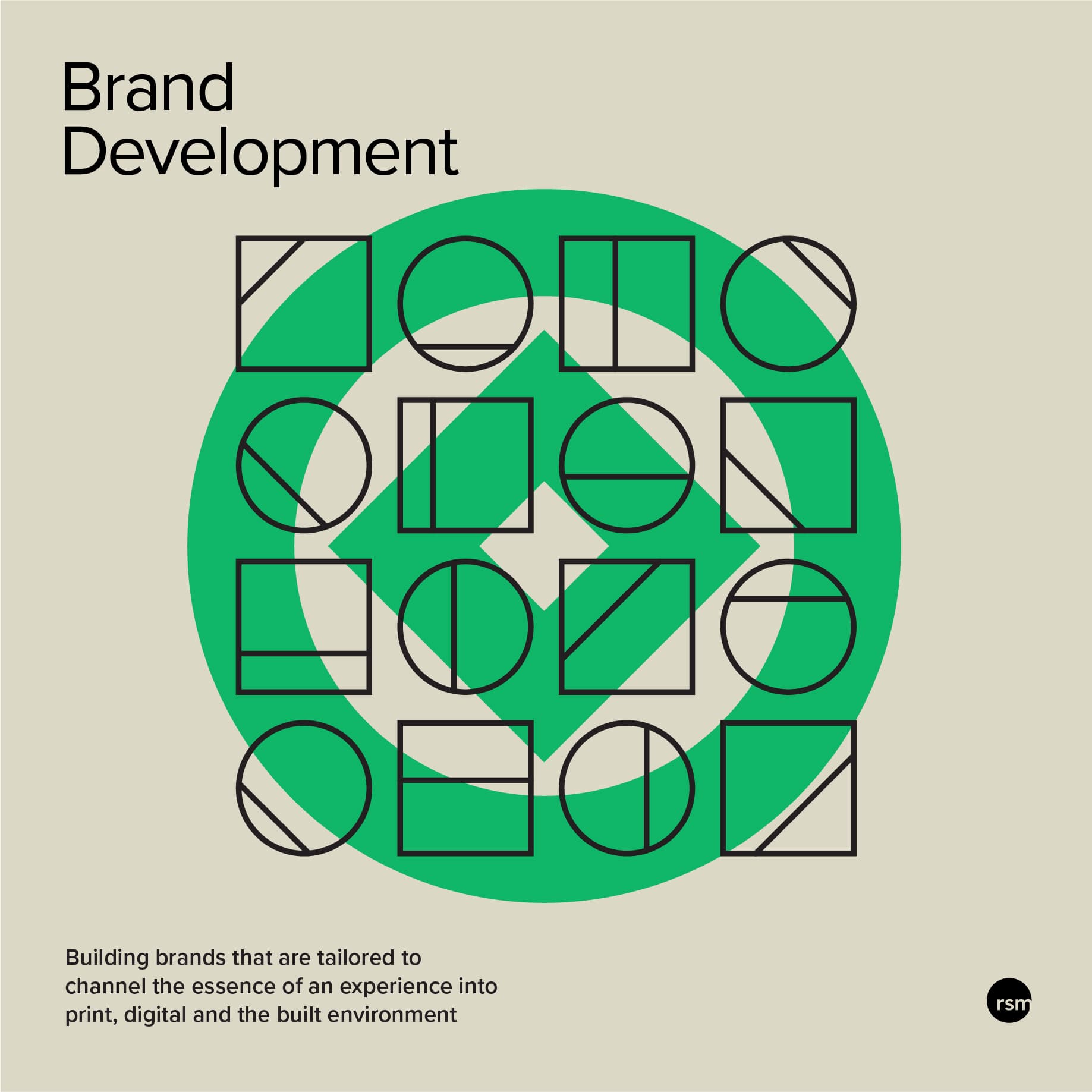 A graphic book cover looking topic series poster for Brand Development articles from RSM Design with black icons in a grid  and a large green circle and square icon in the background.
