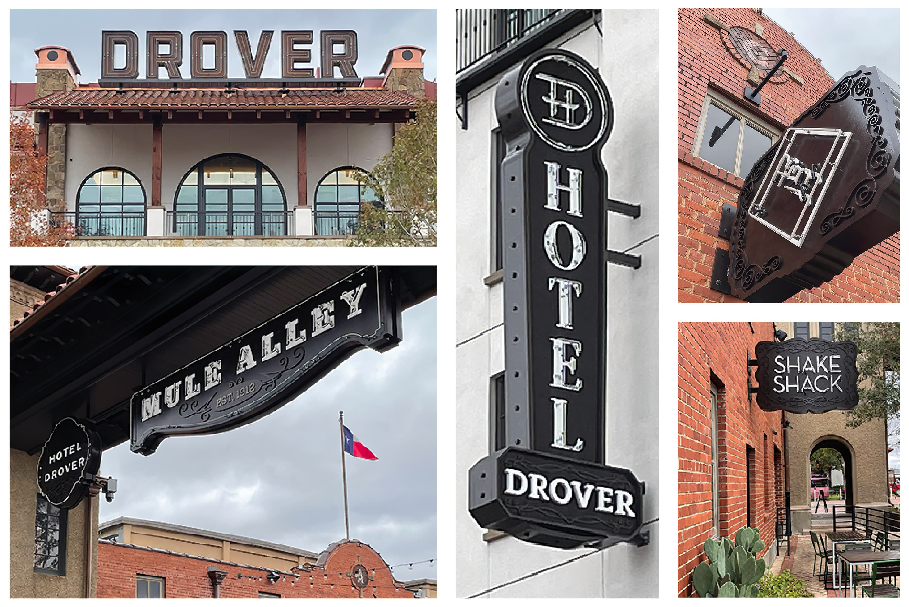 Signs installed at the Historic Stockyards in Fort Worth, Texas
