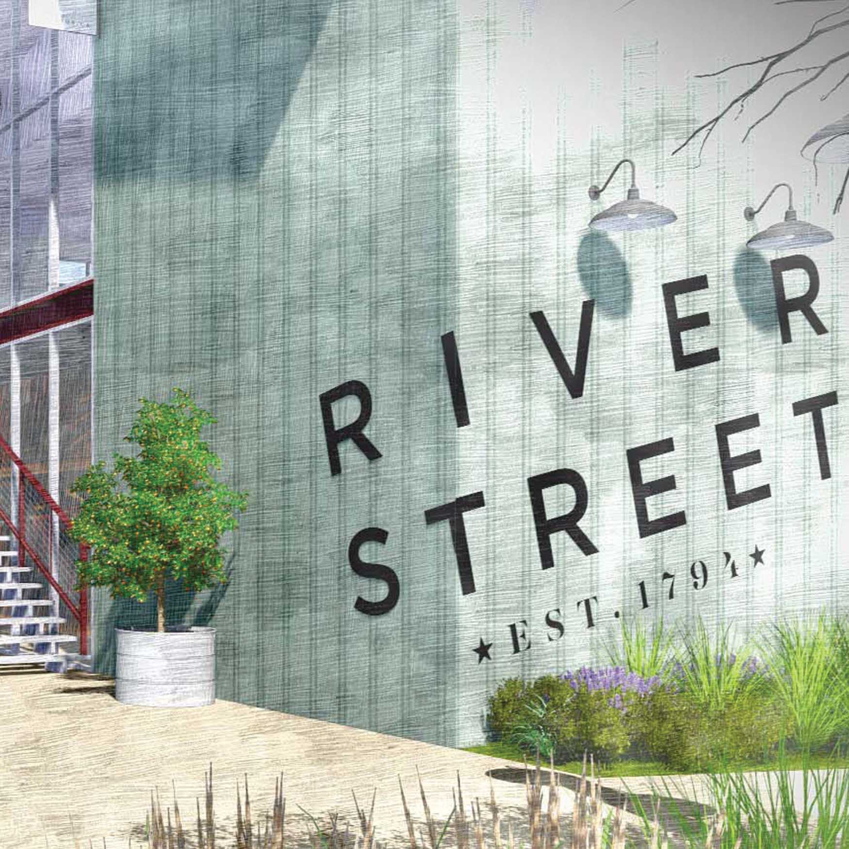 River Street" branded wall identity, crossing two faces of perpendicular walls