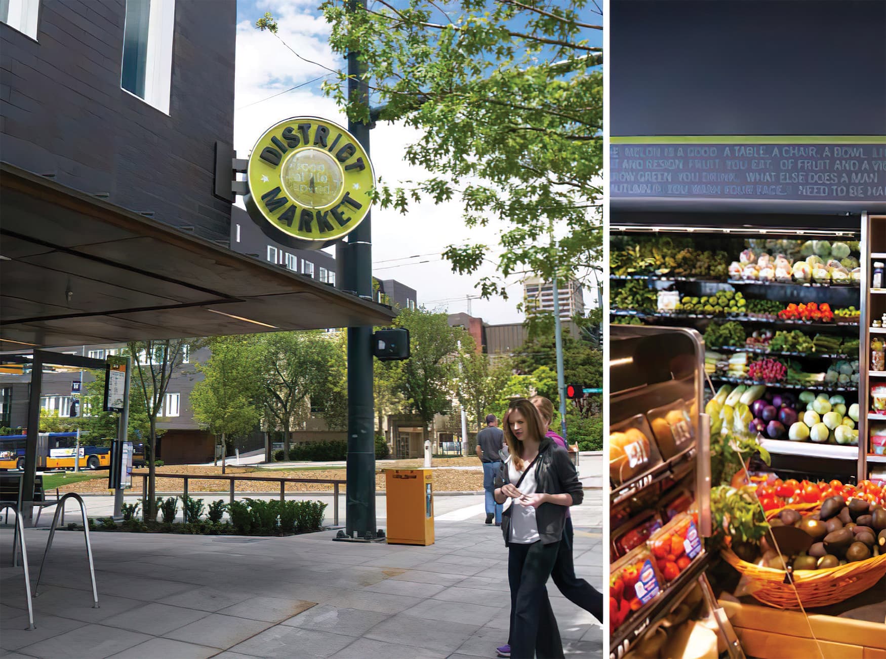 District Market, a student market located by the University of Washington's campus. Signage Design. 